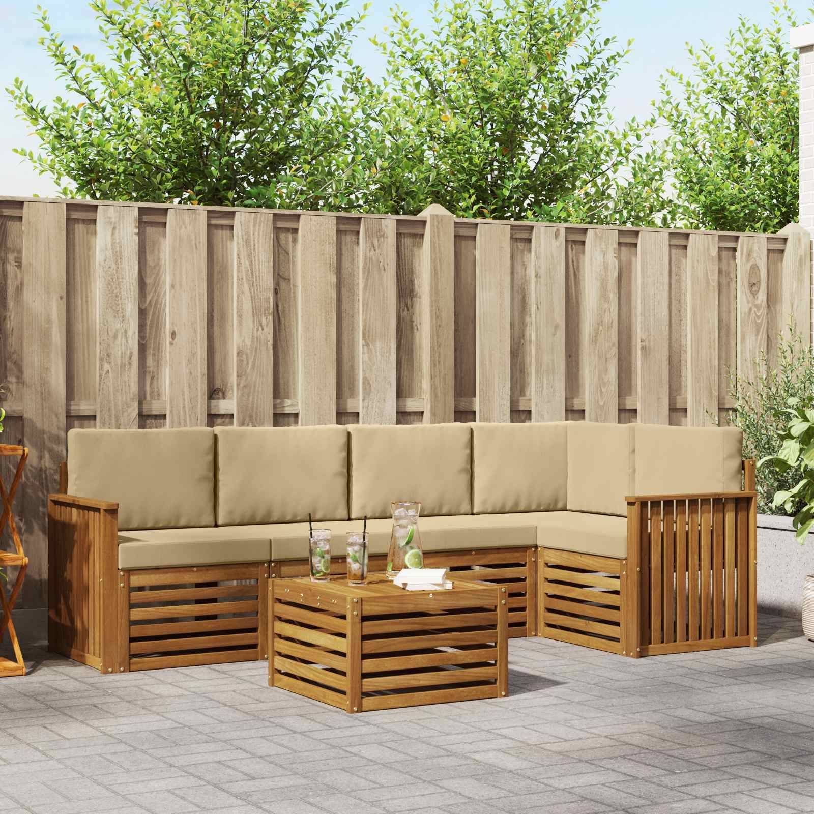 vidaXL Ecksofa Set mit Kissen 6 pcs Natur und Beige Massivholz Akazie