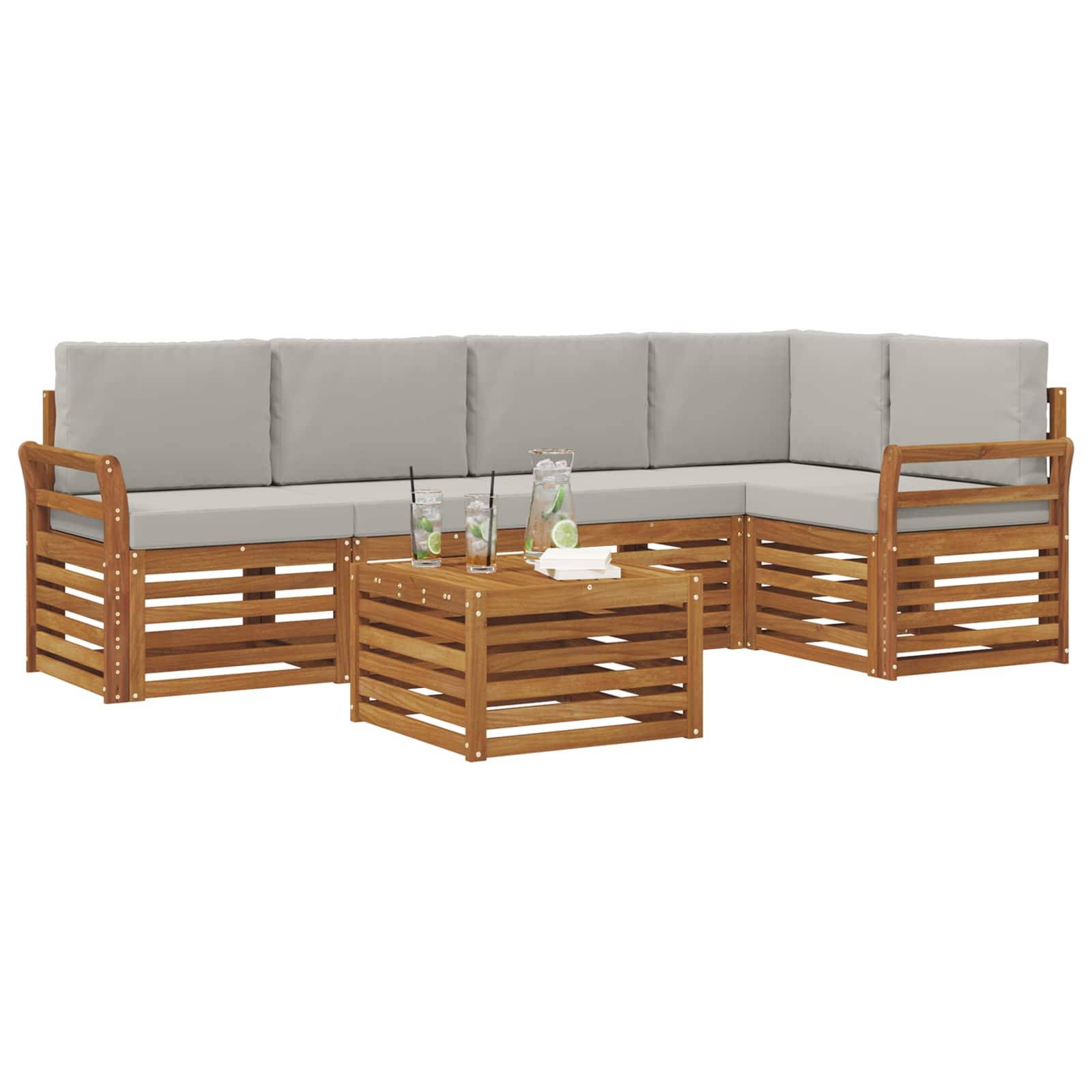 vidaXL Ecksofa Set 6 pcs Natürlich und Hellgrau Massivholz Akazie