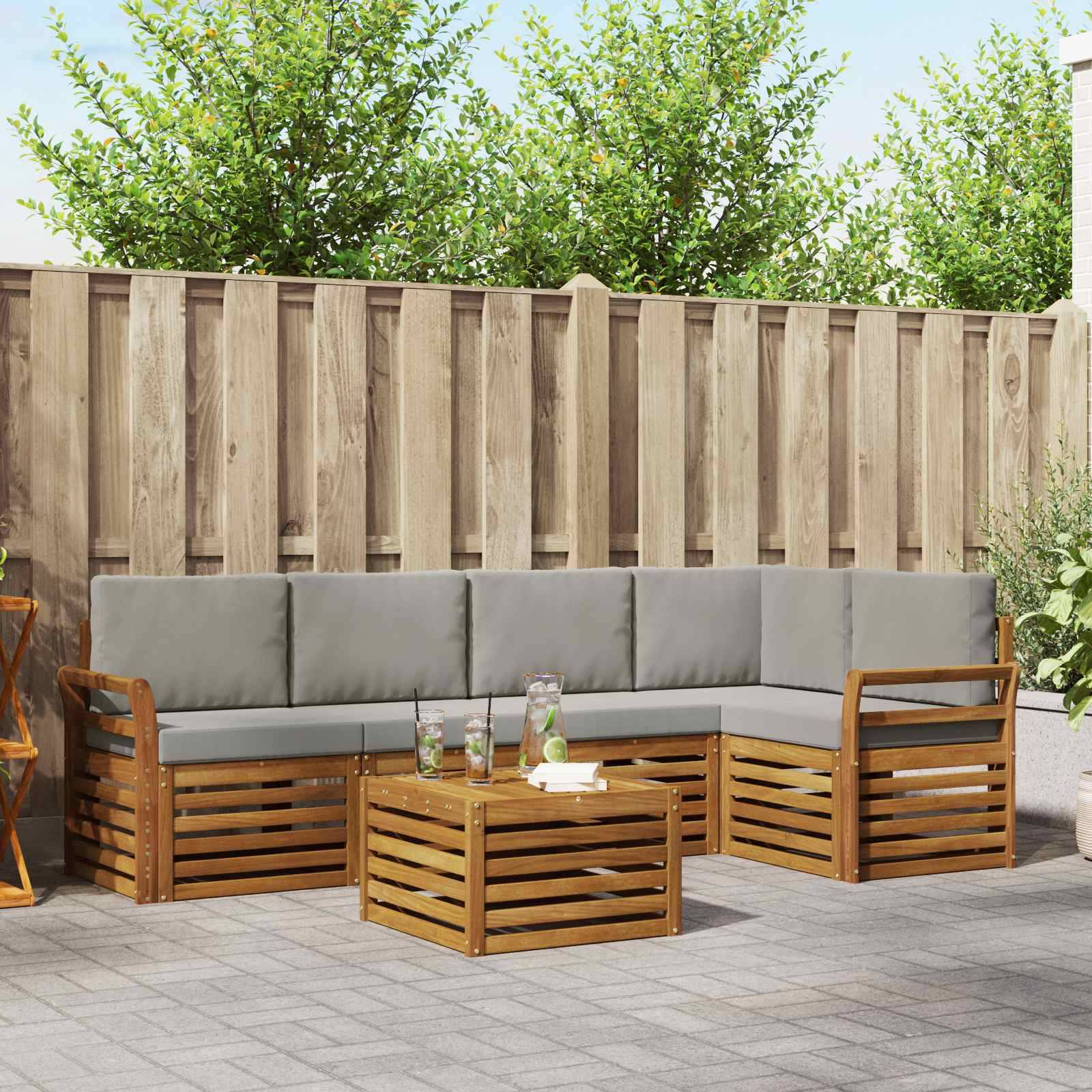 vidaXL Ecksofa Set 6 pcs Natürlich und Hellgrau Massivholz Akazie