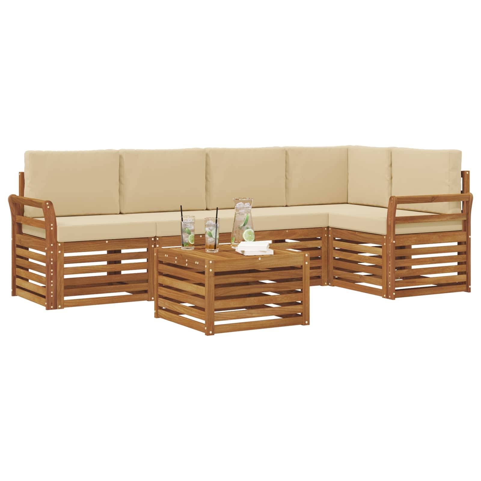 vidaXL Ecksofa Set mit Kissen 6 pcs Natur und Beige Massivholz Akazie
