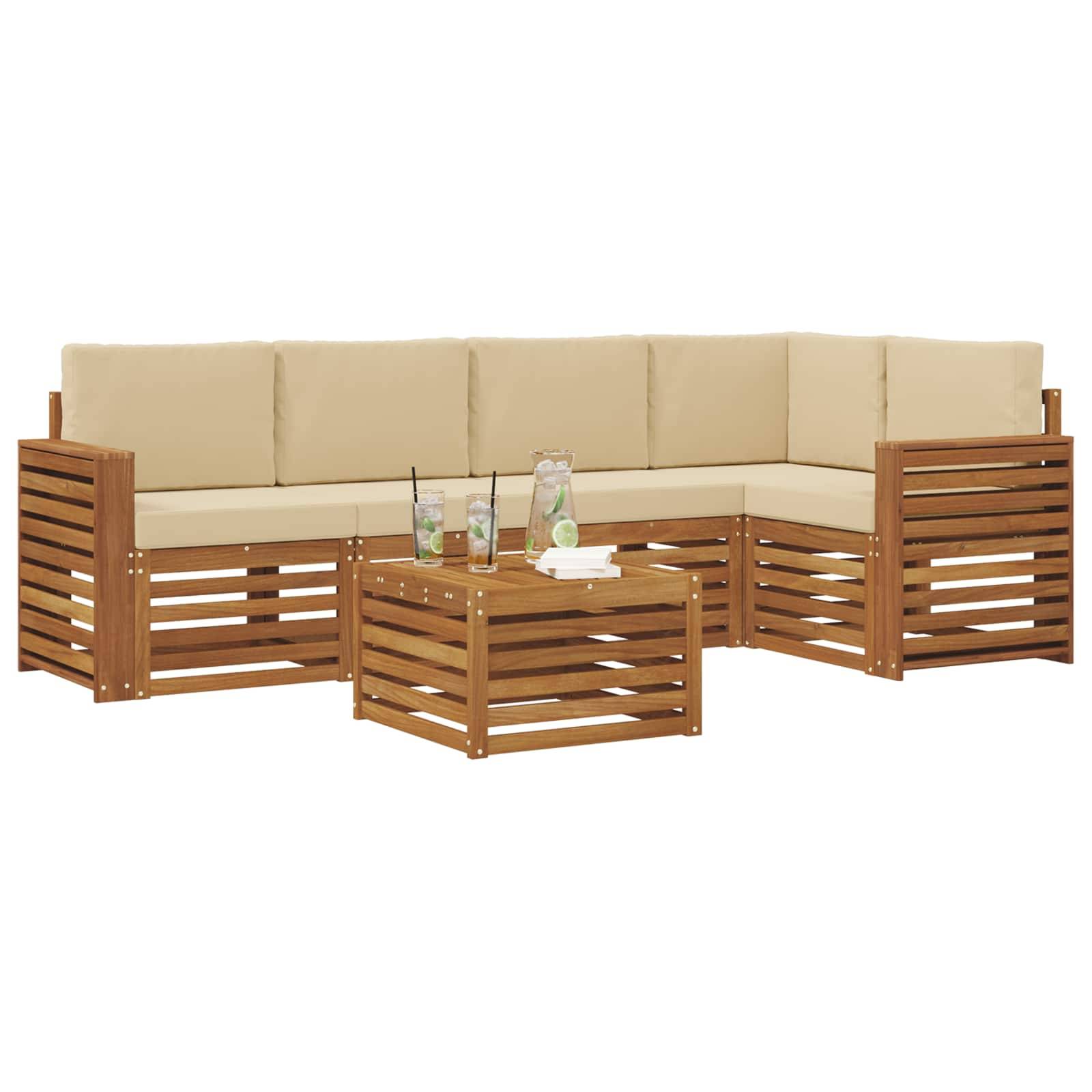 vidaXL Ecksofa Set mit Kissen 6 pcs Natur und Beige Massivholz Akazie
