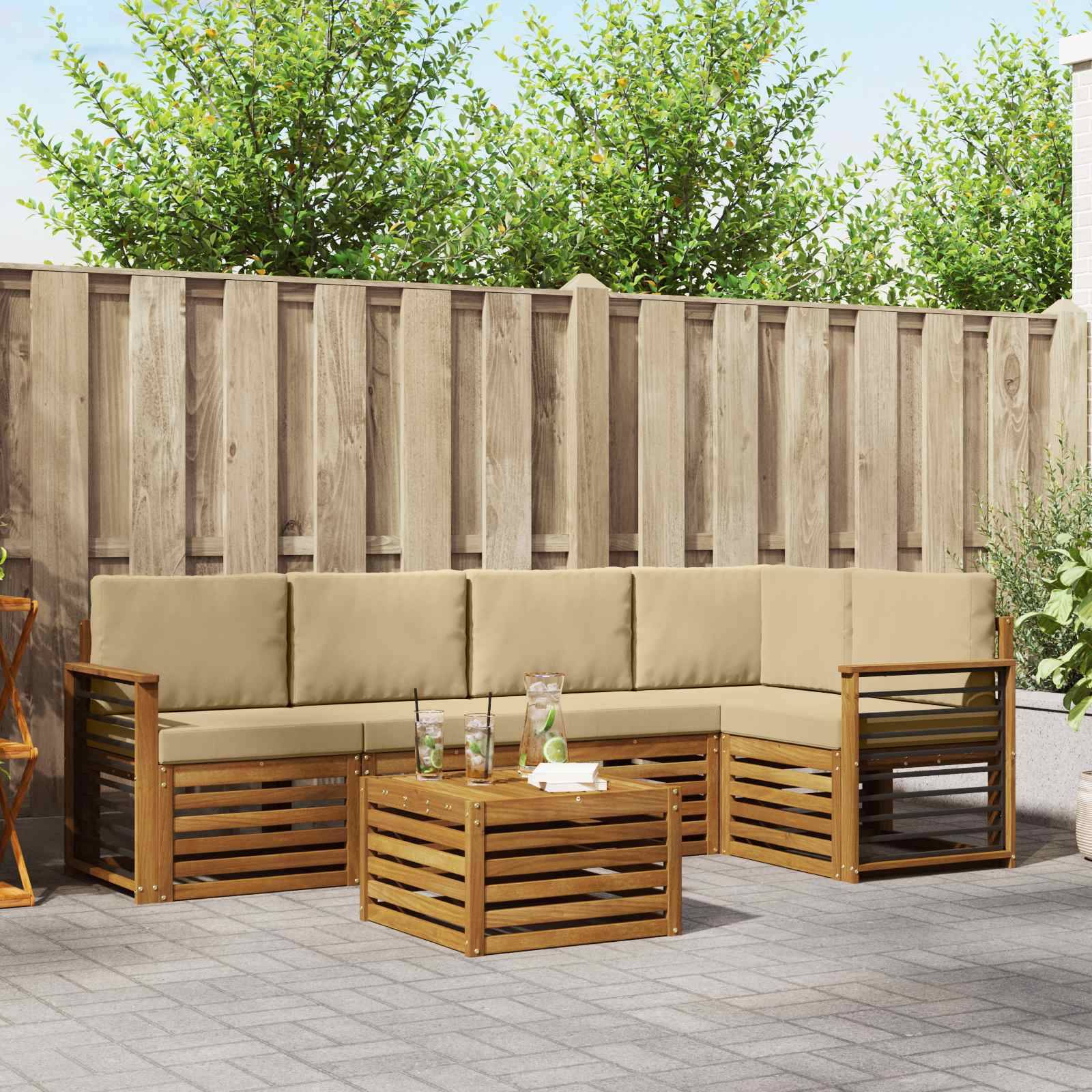 vidaXL Ecksofa Set mit Kissen 6 pcs Natur und Beige Massivholz Akazie