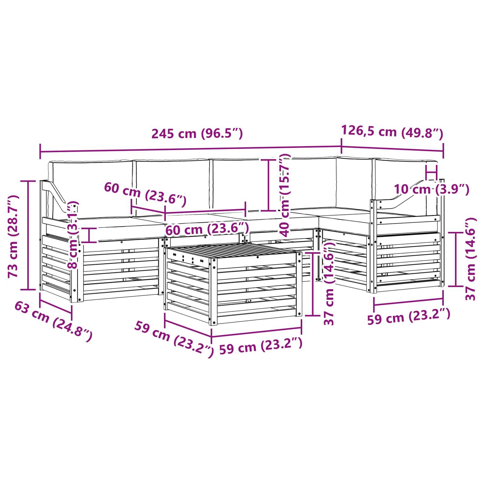 vidaXL Ecksofa Set 6 pcs Natürlich und Hellgrau Massivholz Akazie