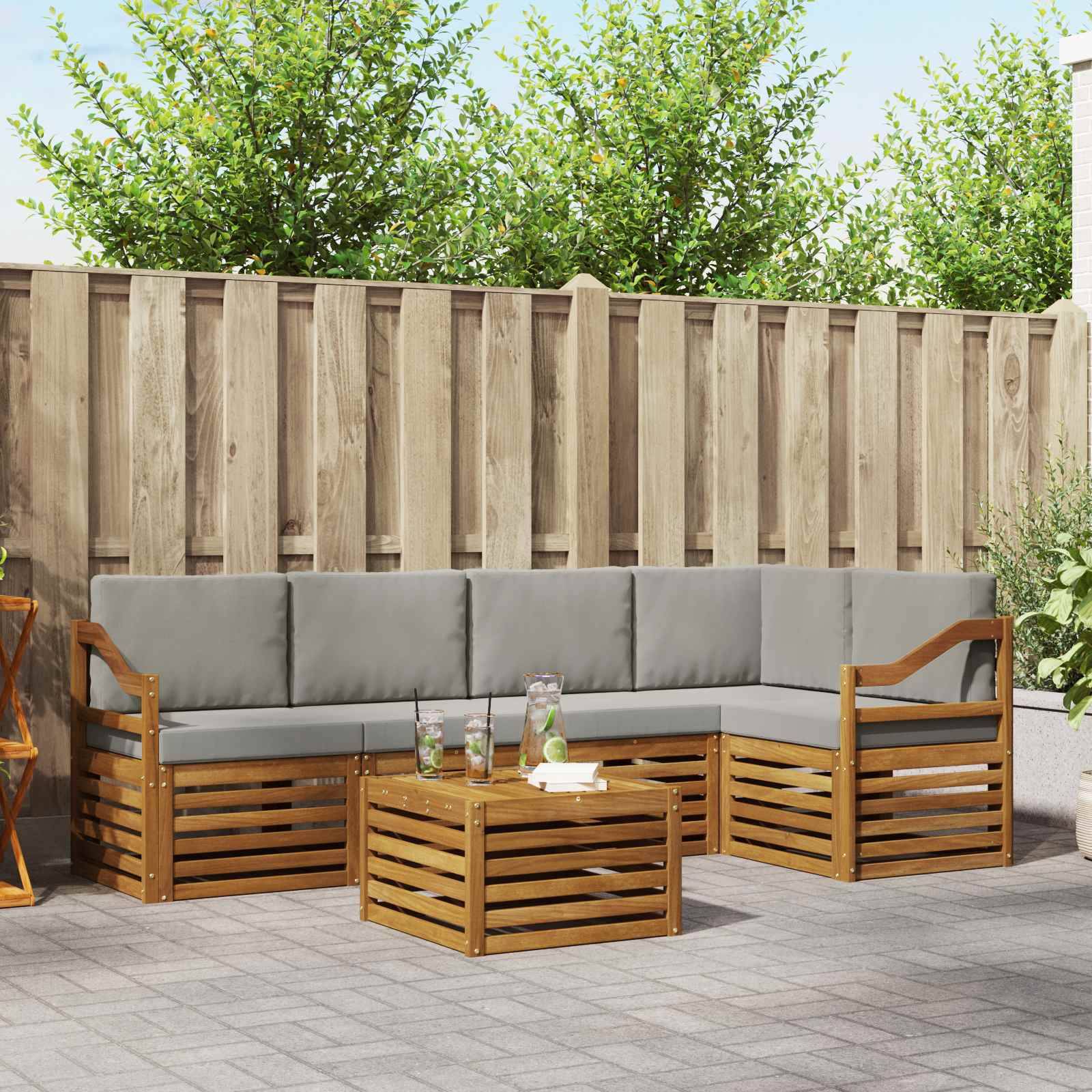vidaXL Ecksofa Set 6 pcs Natürlich und Hellgrau Massivholz Akazie