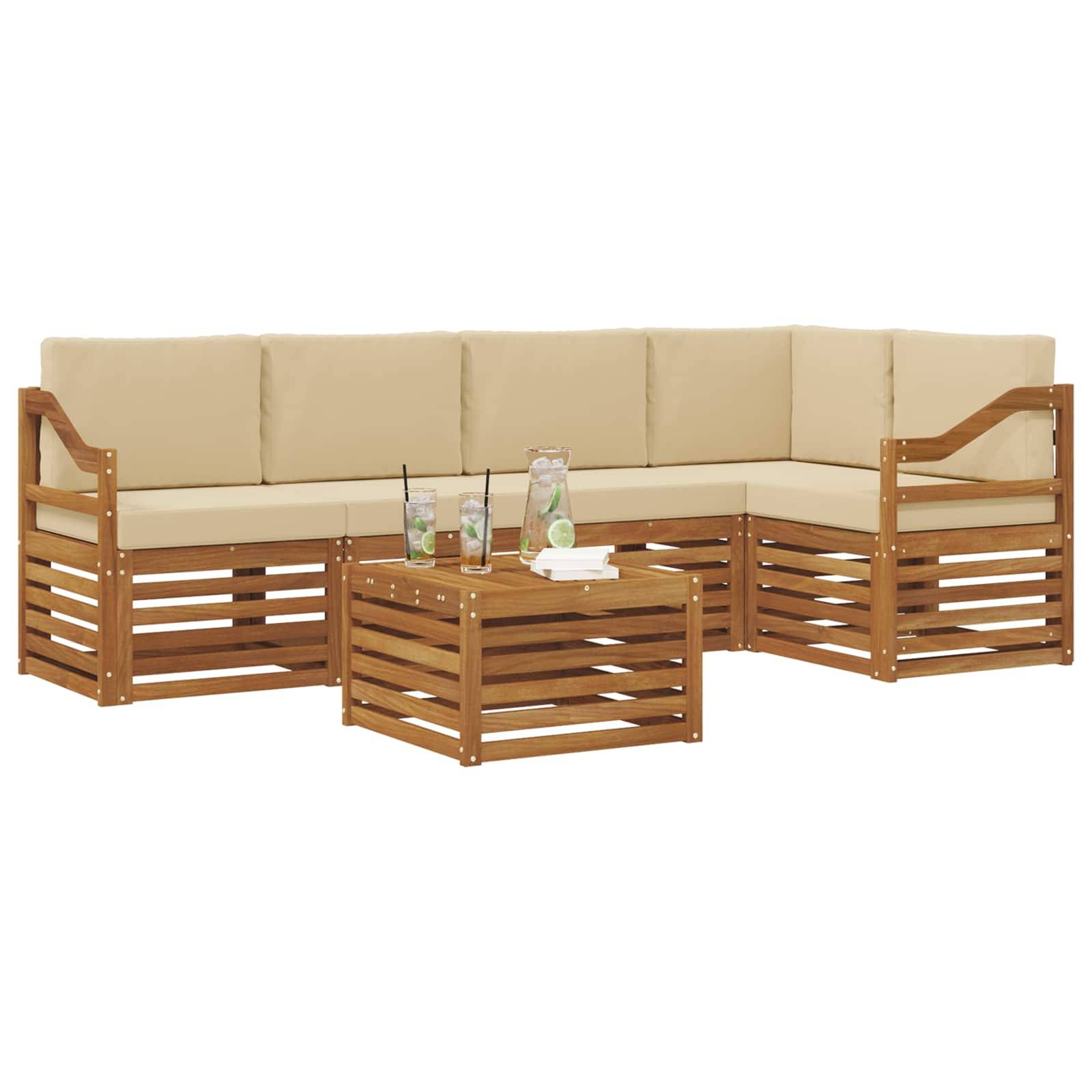 vidaXL Ecksofa Set mit Kissen 6 pcs Natur und Beige Massivholz Akazie