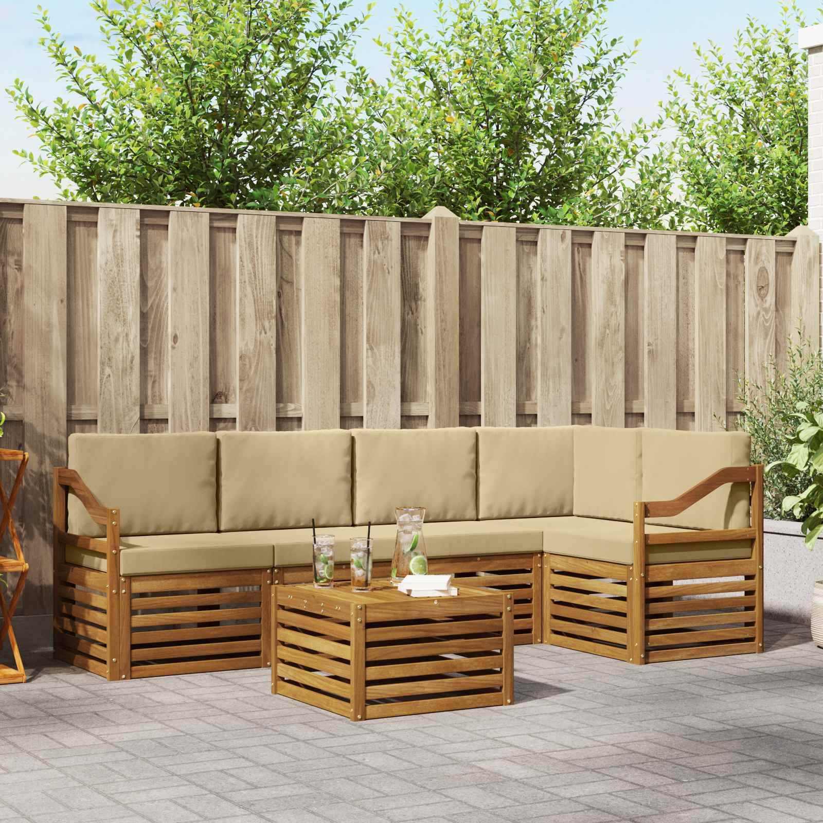 vidaXL Ecksofa Set mit Kissen 6 pcs Natur und Beige Massivholz Akazie
