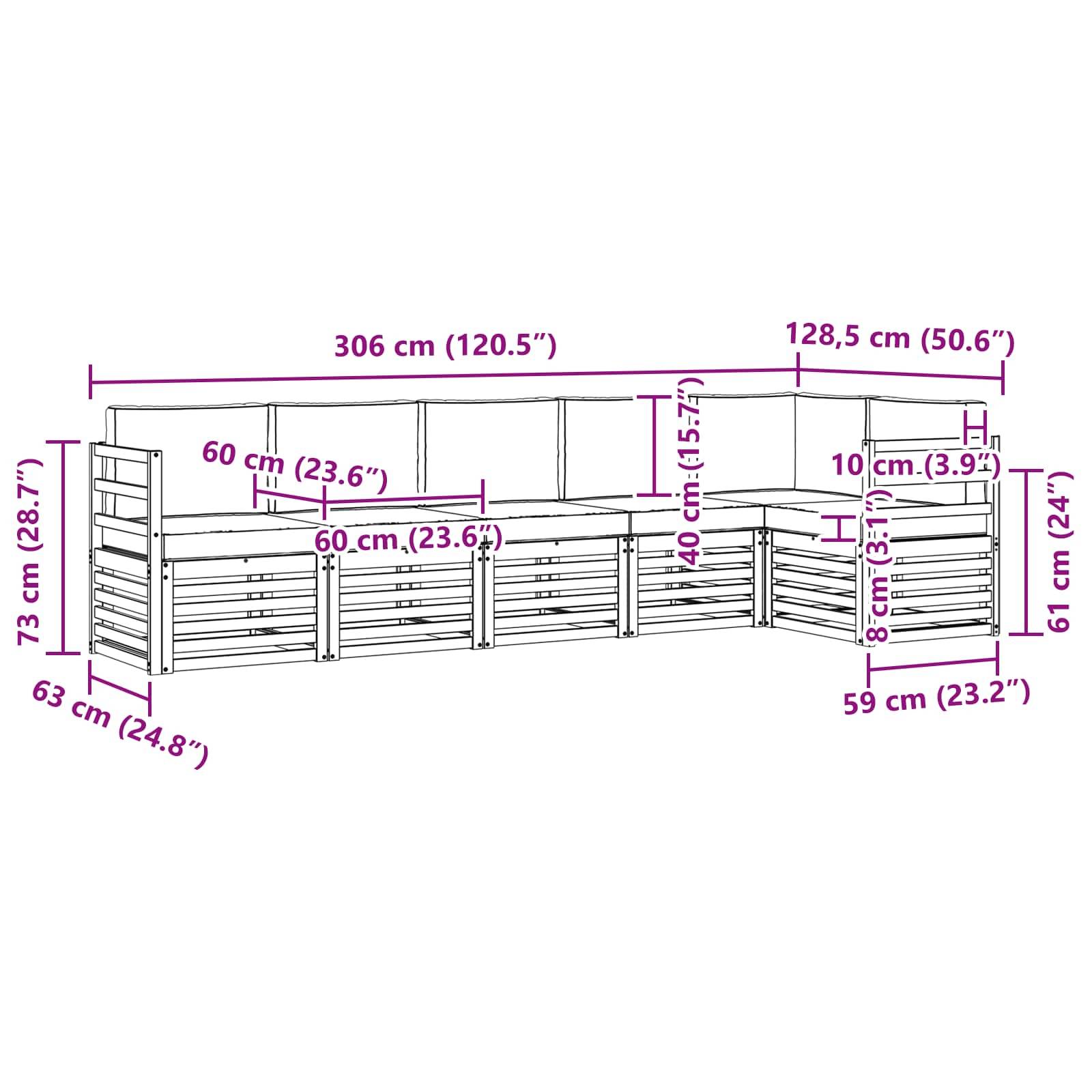 vidaXL Ecksofa Set 6 pcs Natürlich und Hellgrau Massivholz Akazie