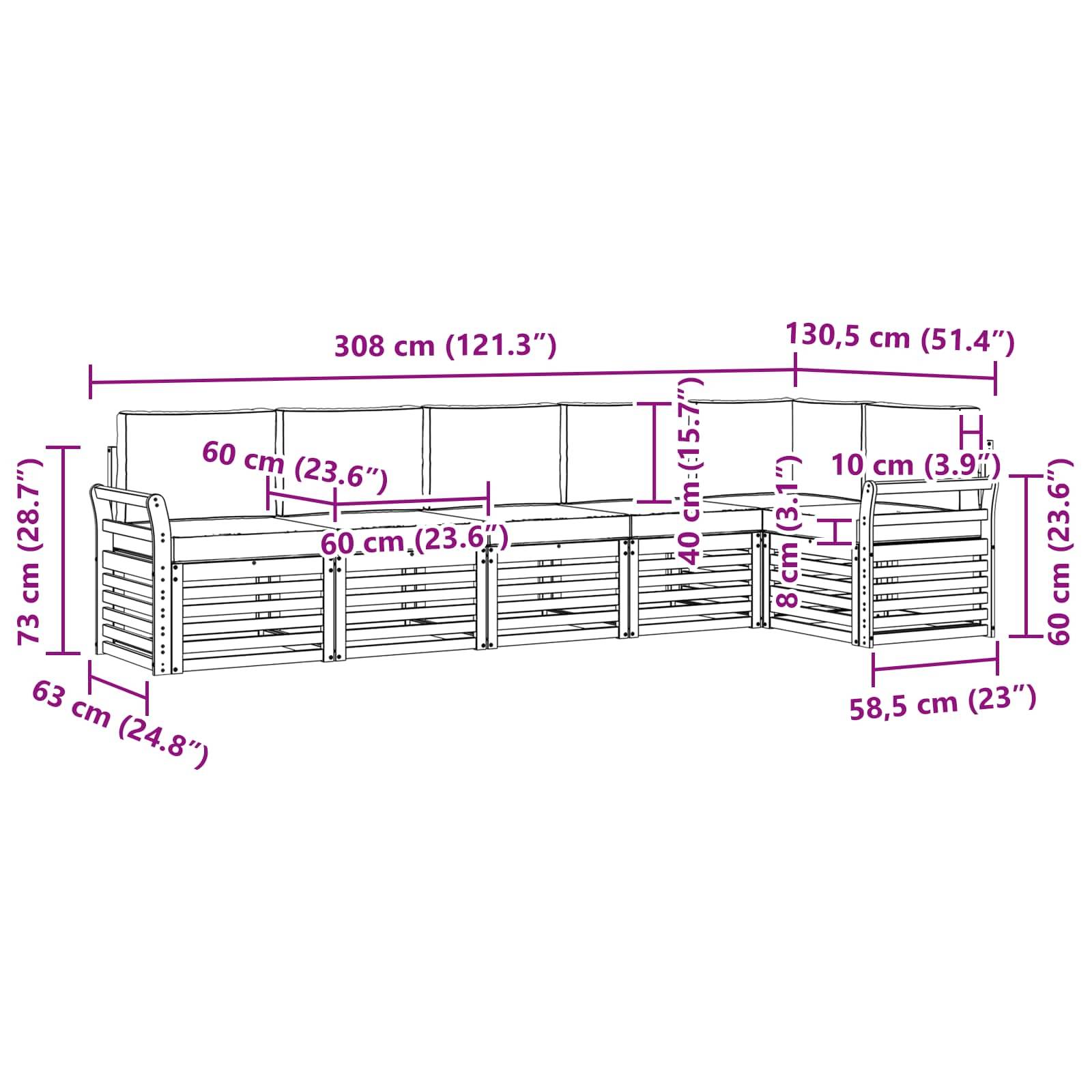 vidaXL Ecksofa Set 6 pcs Natürlich und Hellgrau Massivholz Akazie