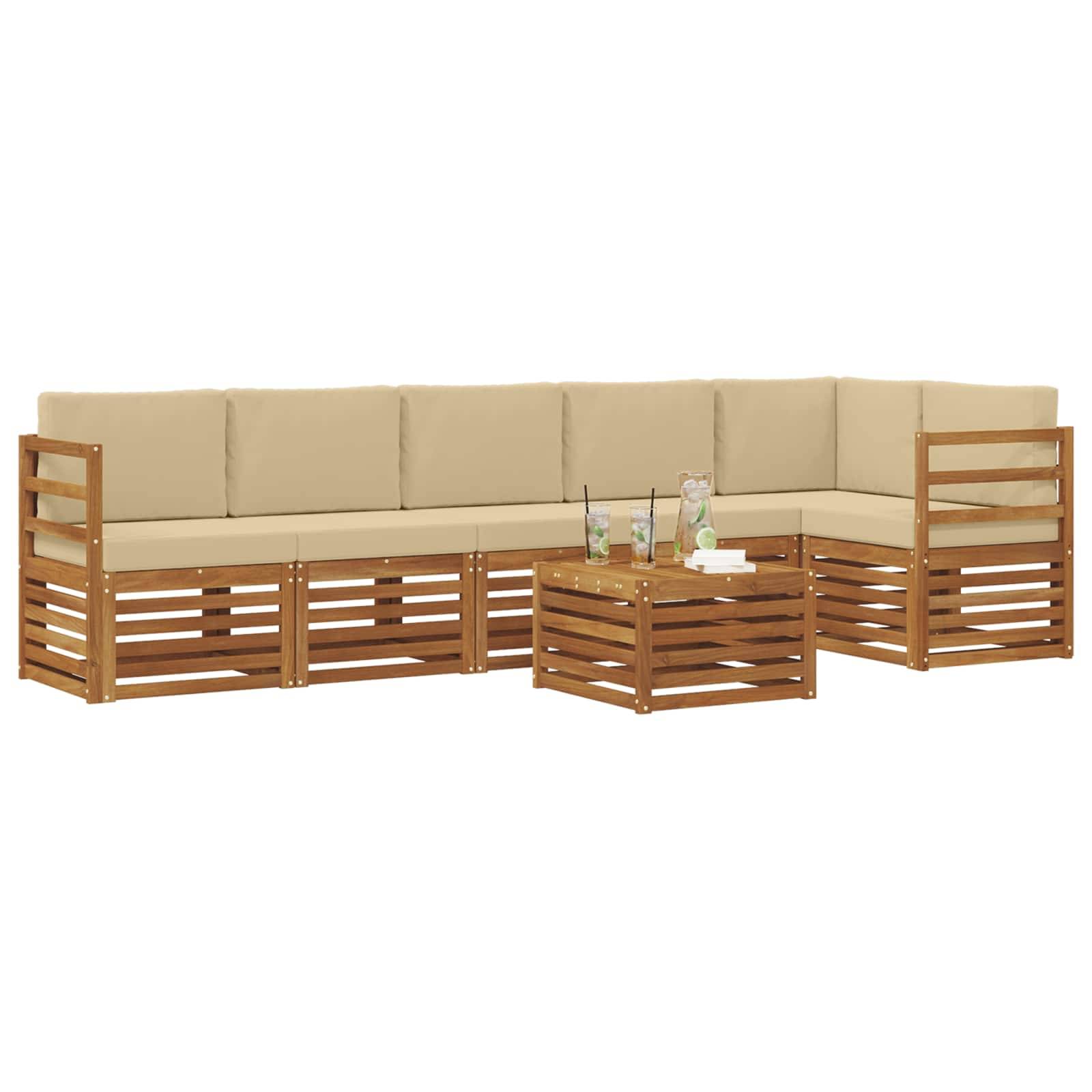 vidaXL Ecksofa Set mit Kissen 7 pcs Natur und Beige Massivholz Akazie