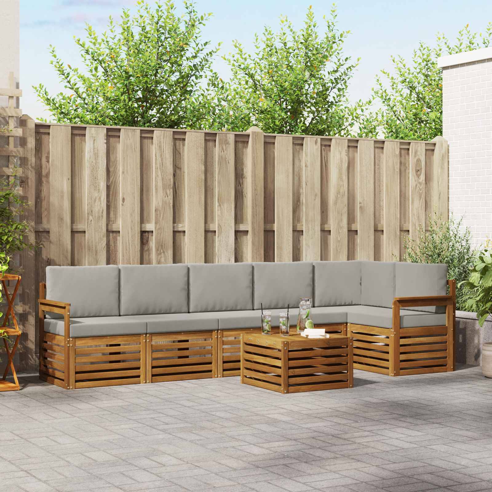 vidaXL Ecksofa Set 7 pcs Natürlich und Hellgrau Massivholz Akazie
