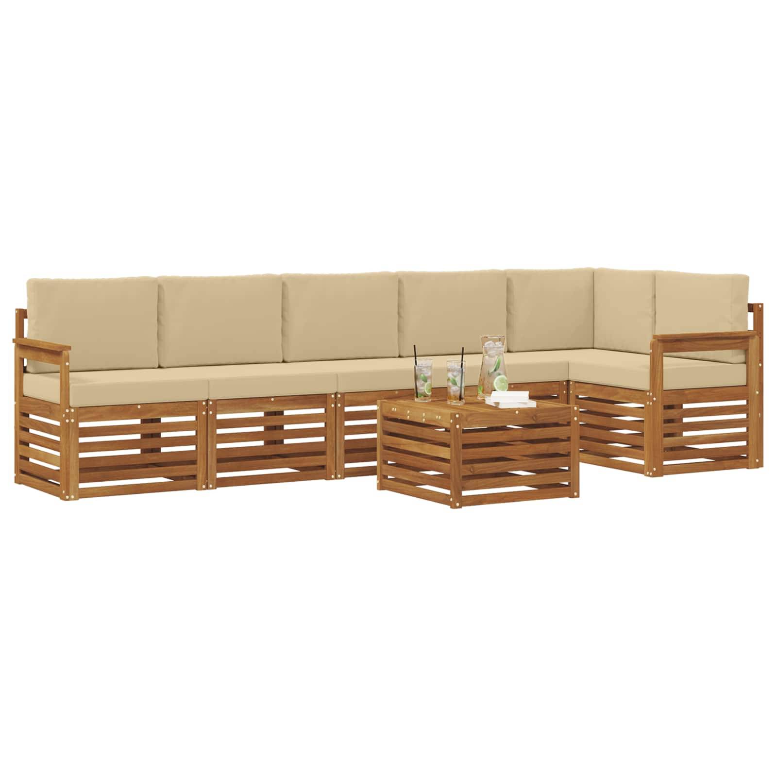 vidaXL Ecksofa Set mit Kissen 7 pcs Natur und Beige Massivholz Akazie