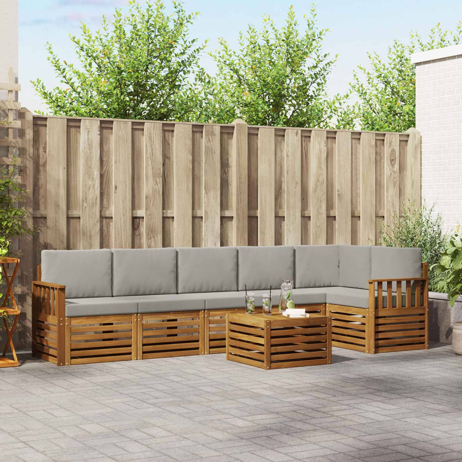 vidaXL Ecksofa Set 7 pcs Natürlich und Hellgrau Massivholz Akazie
