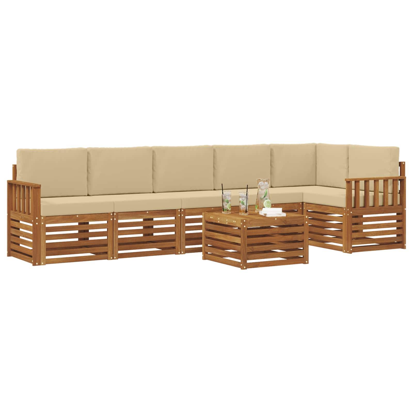 vidaXL Ecksofa Set mit Kissen 7 pcs Natur und Beige Massivholz Akazie