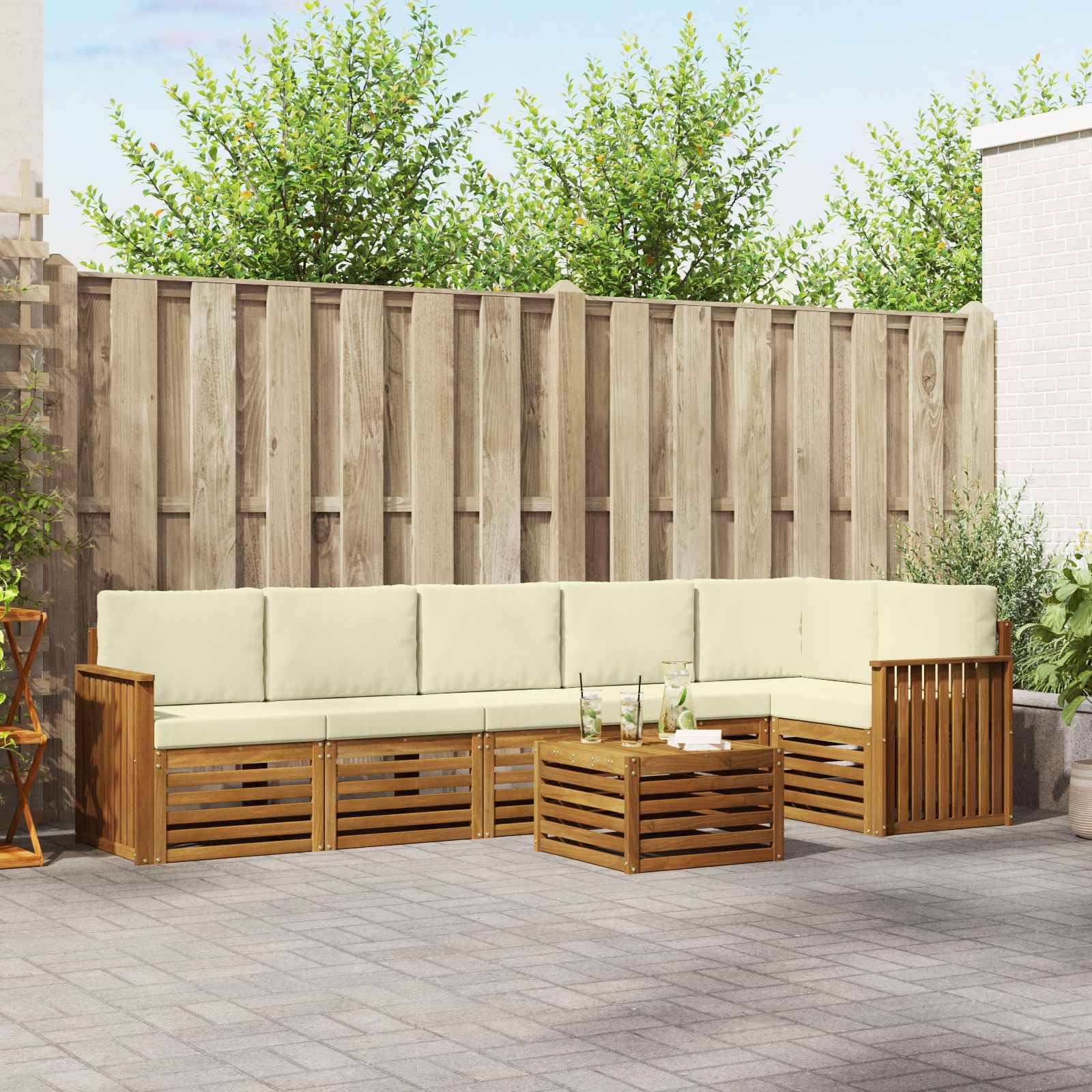 vidaXL Ecksofa Set mit Kissen 7 pcs Natur und Creme Massivholz Akazie