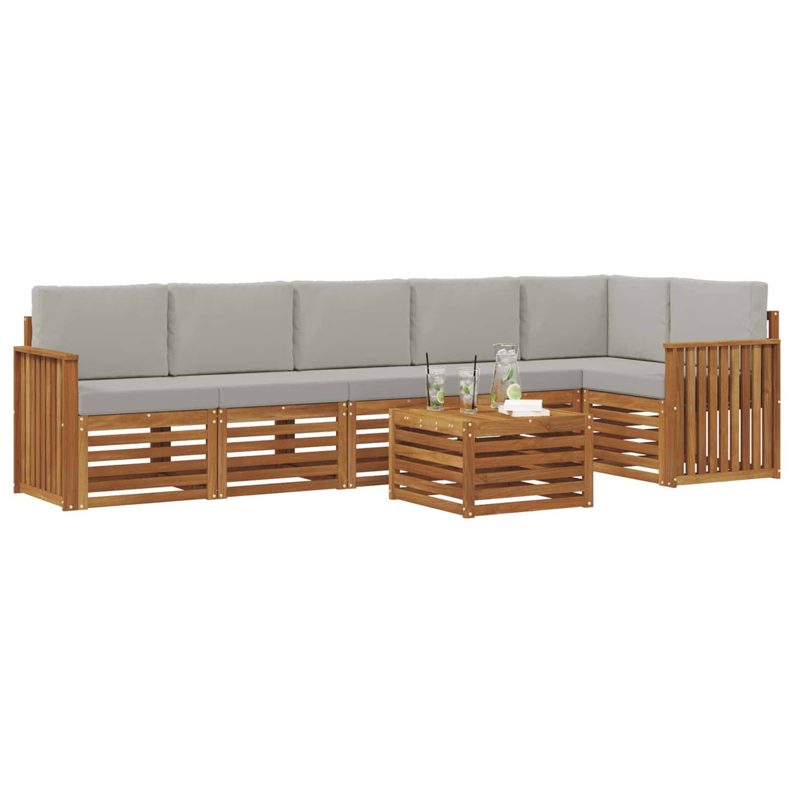 vidaXL Ecksofa Set 7 pcs Natürlich und Hellgrau Massivholz Akazie