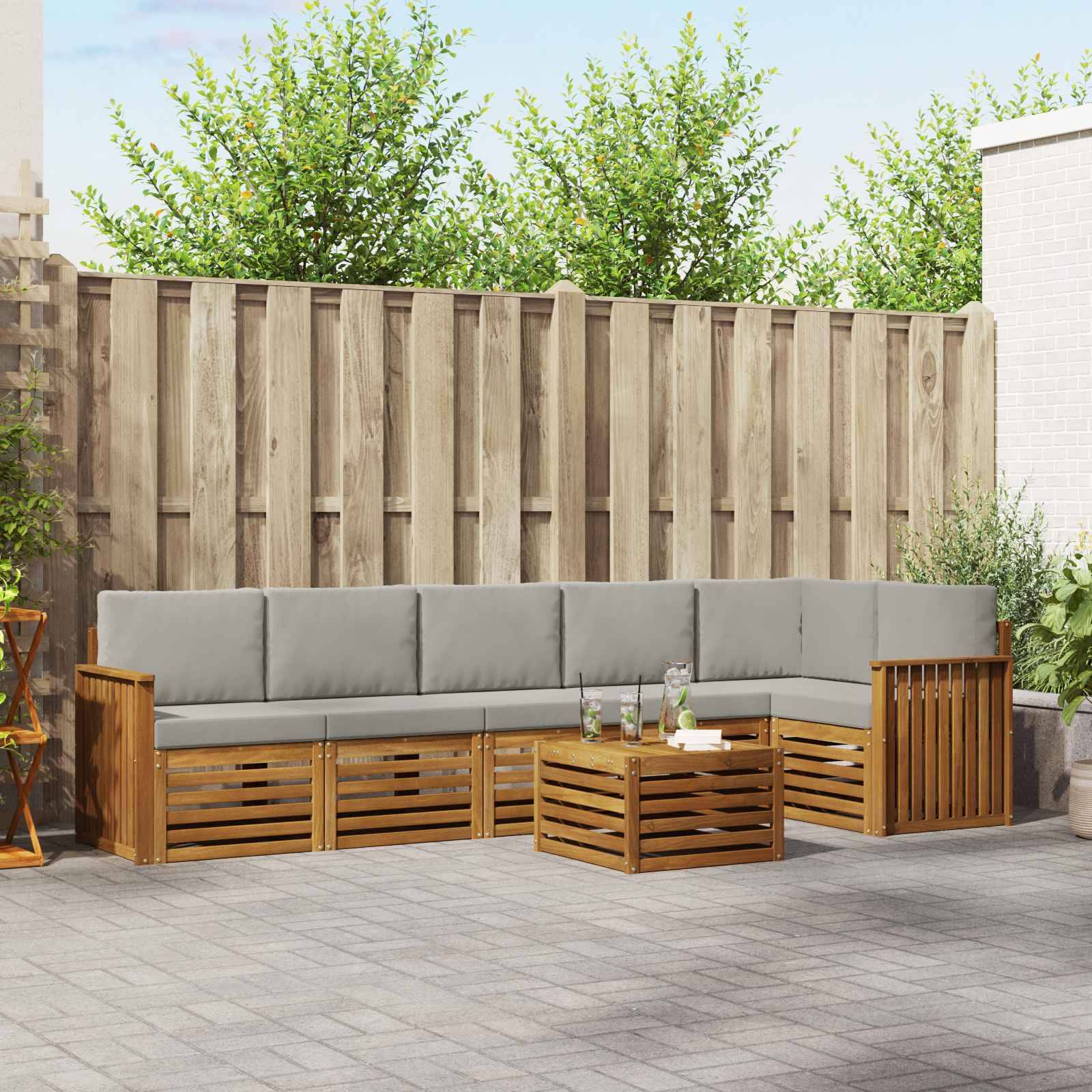 vidaXL Ecksofa Set 7 pcs Natürlich und Hellgrau Massivholz Akazie