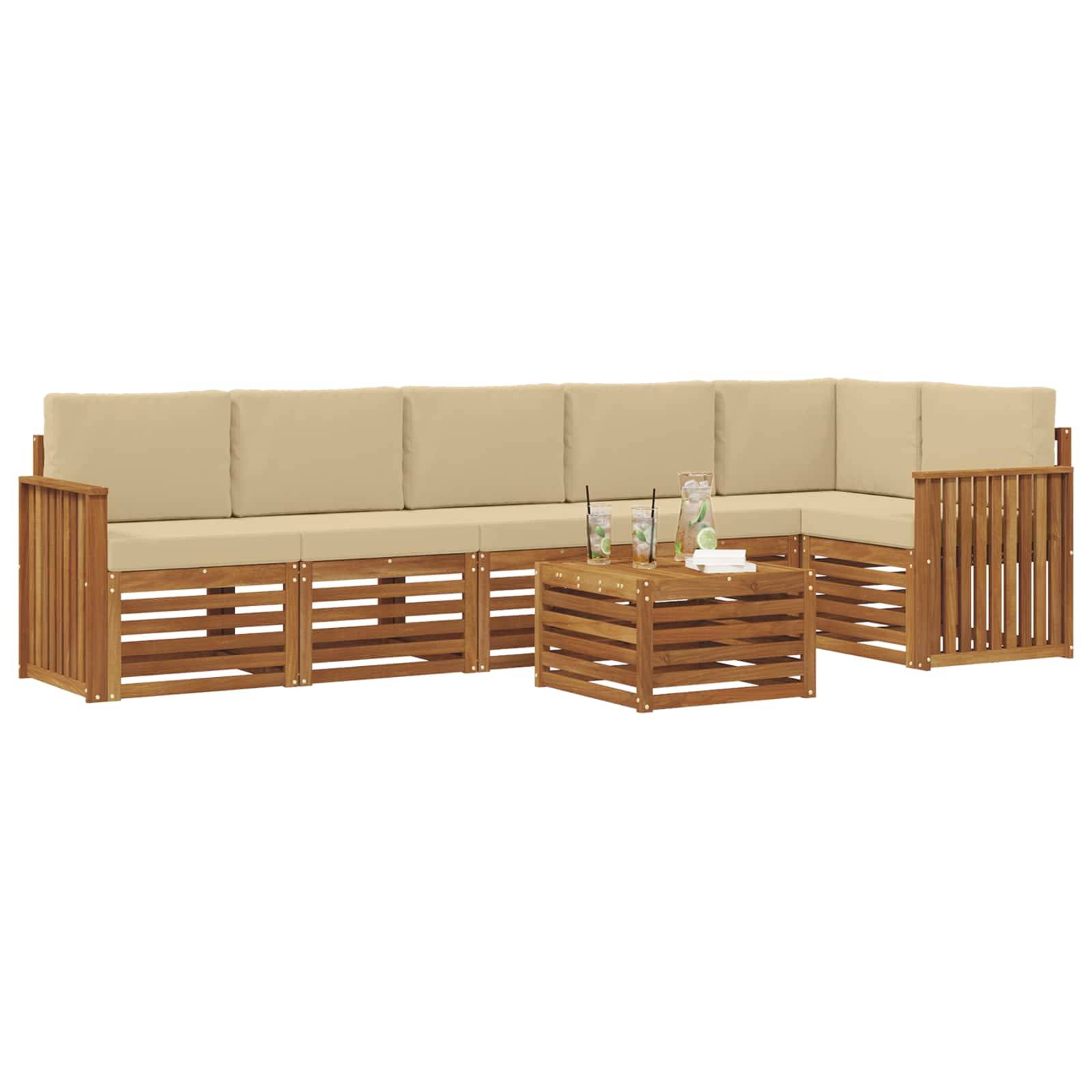 vidaXL Ecksofa Set mit Kissen 7 pcs Natur und Beige Massivholz Akazie