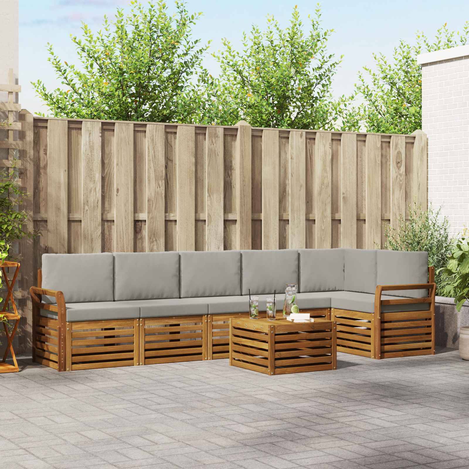 vidaXL Ecksofa Set 7 pcs Natürlich und Hellgrau Massivholz Akazie