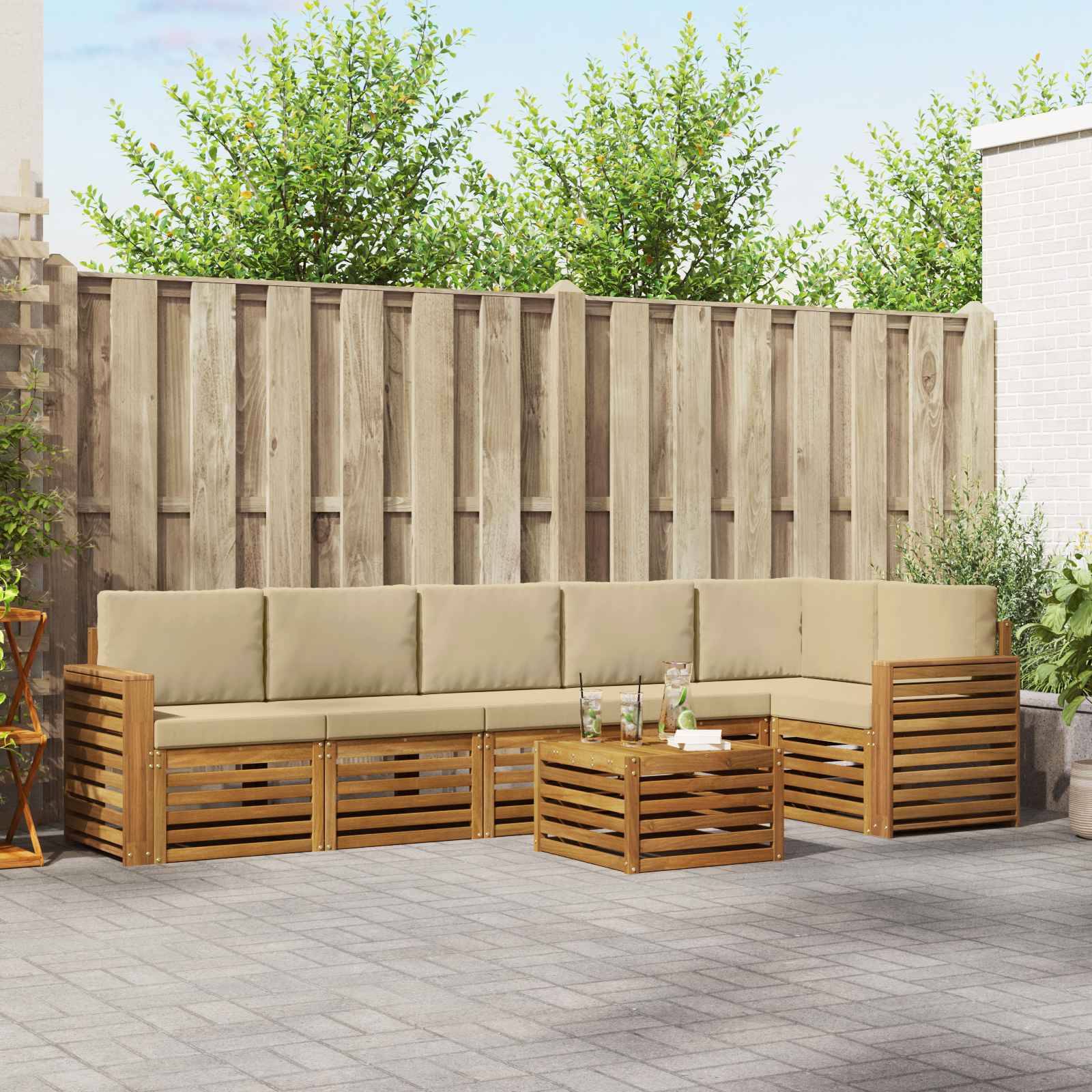 vidaXL Ecksofa Set mit Kissen 7 pcs Natur und Beige Massivholz Akazie