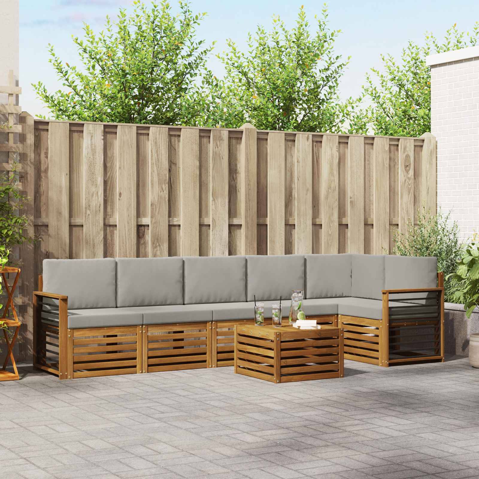 vidaXL Ecksofa Set 7 pcs Natürlich und Hellgrau Massivholz Akazie