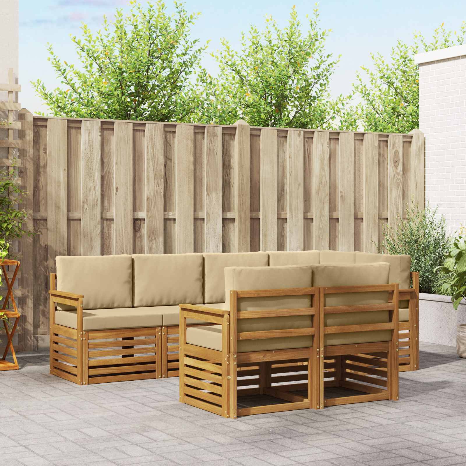 vidaXL Ecksofa Set mit Kissen 7 pcs Natur und Beige Massivholz Akazie