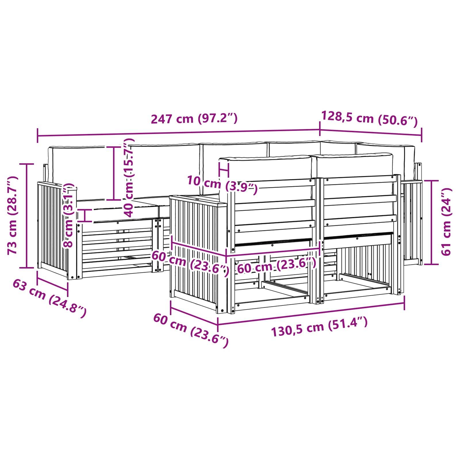vidaXL Outdoor-Sofagarnitur 7 pcs Weiß und Creme 247 x 128,5 x 73 cm
