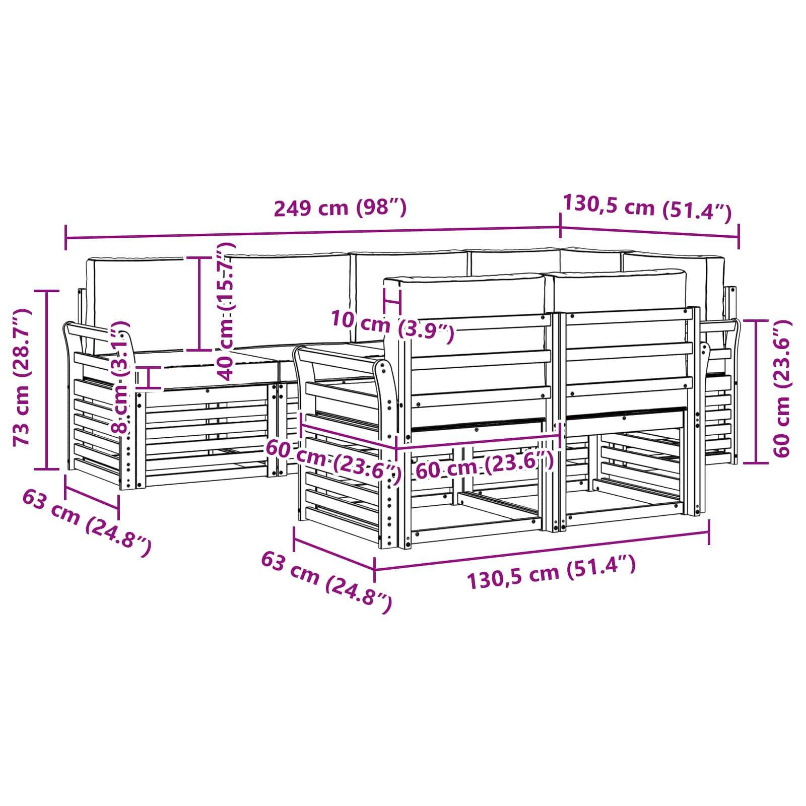 vidaXL Ecksofa Set 7 pcs Natürlich und Hellgrau Massivholz Akazie