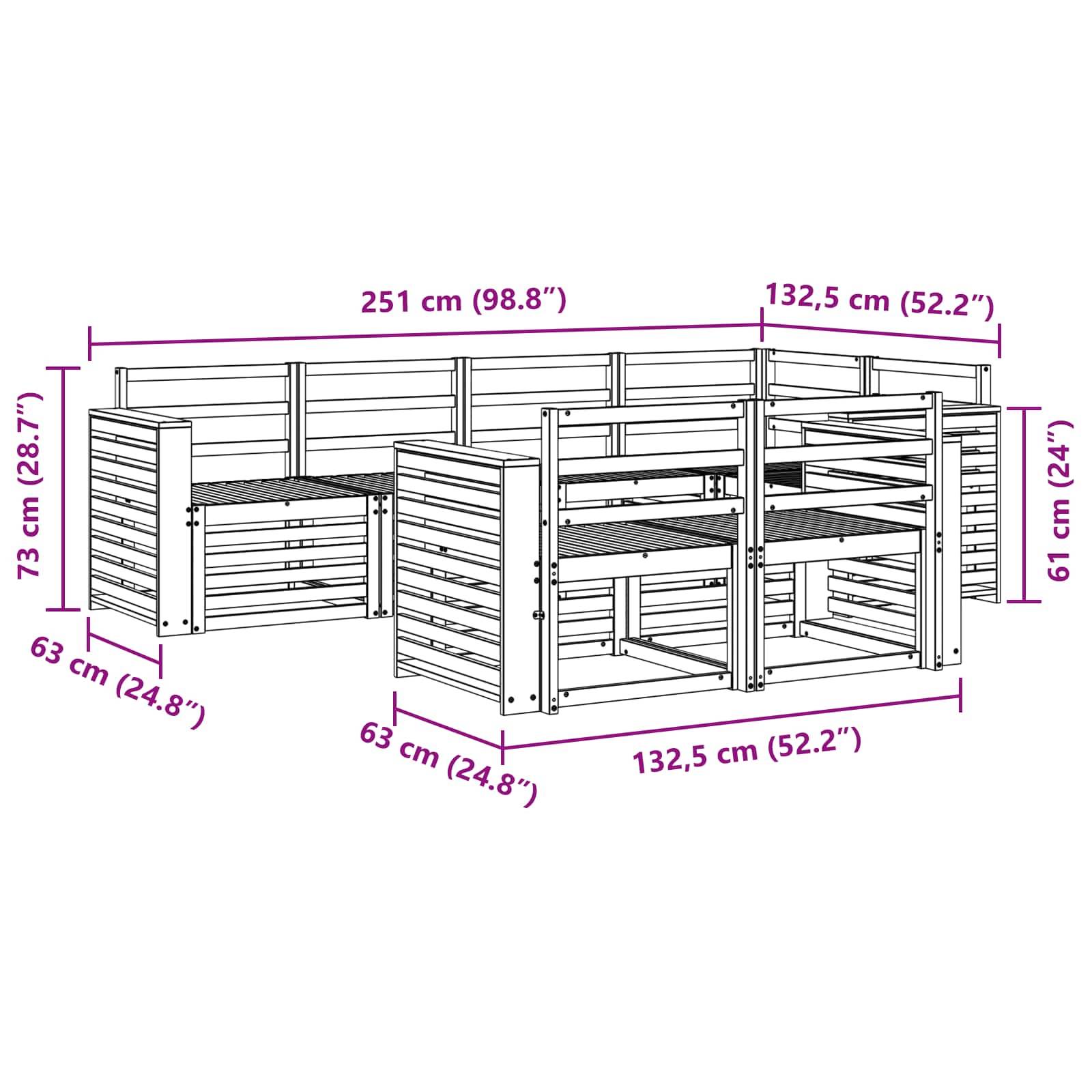 vidaXL Outdoor-Sofagarnitur 7 pcs Weiß 251 x 132,5 x 73 cm