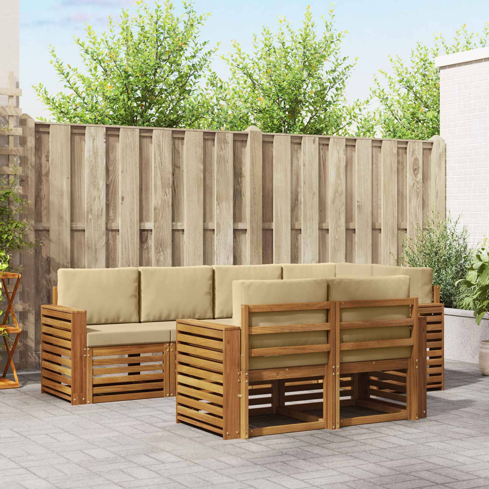 vidaXL Ecksofa Set mit Kissen 7 pcs Natur und Beige Massivholz Akazie