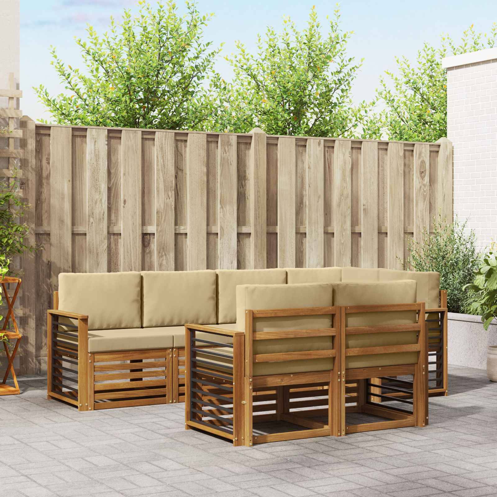 vidaXL Ecksofa Set mit Kissen 7 pcs Natur und Beige Massivholz Akazie