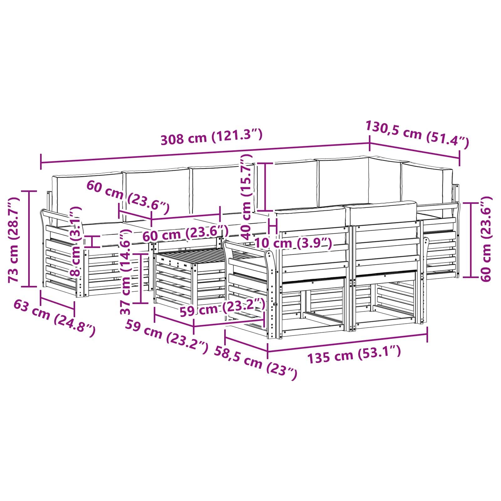 vidaXL Outdoor-Sofagarnitur 9 pcs Weiß und Hellgrau 59 x 59 x 37 cm