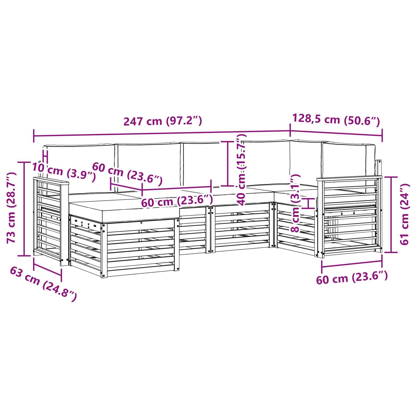 vidaXL Ecksofa Set 6 pcs Natürlich und Hellgrau Massivholz Akazie