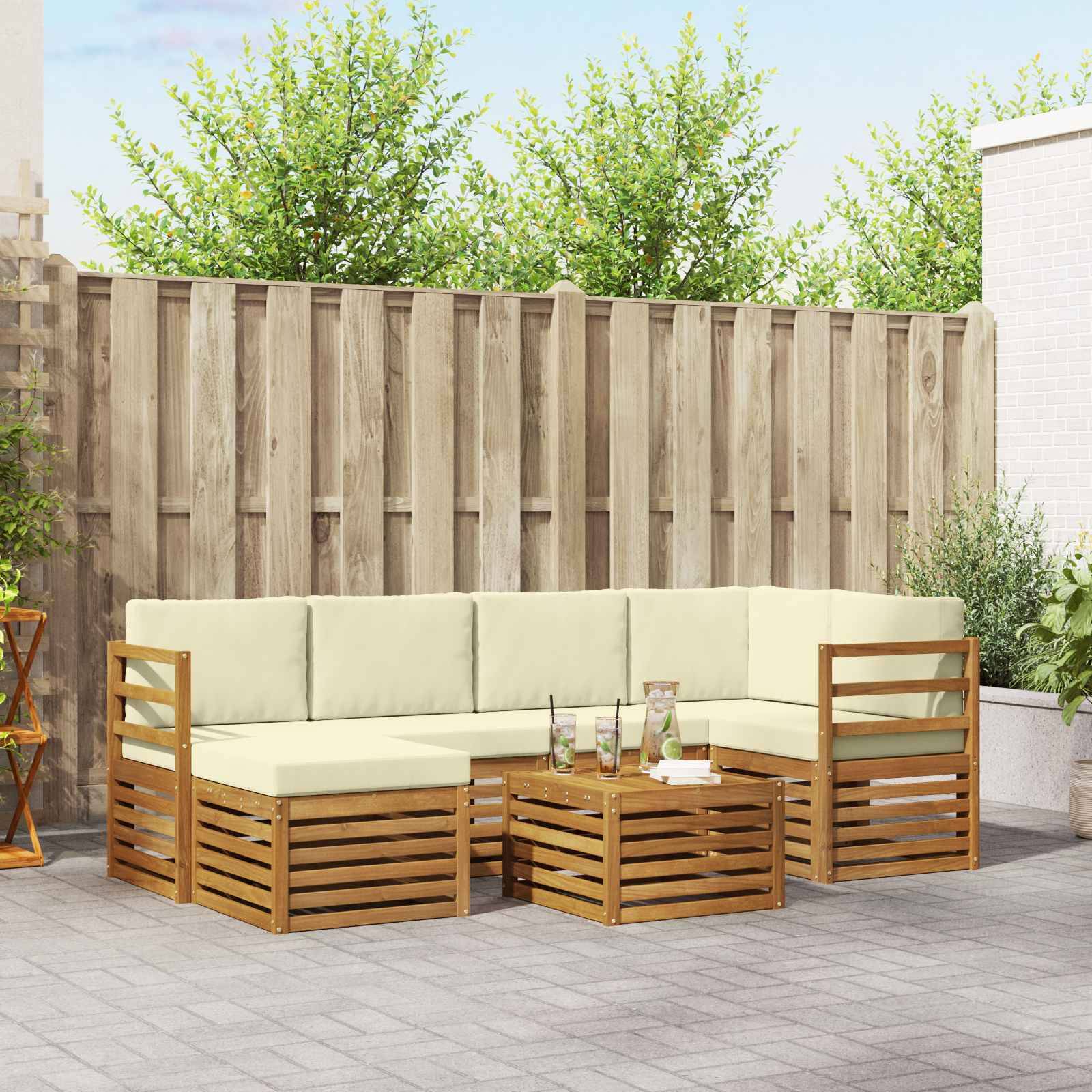 vidaXL Ecksofa Set mit Kissen 7 pcs Natur und Creme Massivholz Akazie
