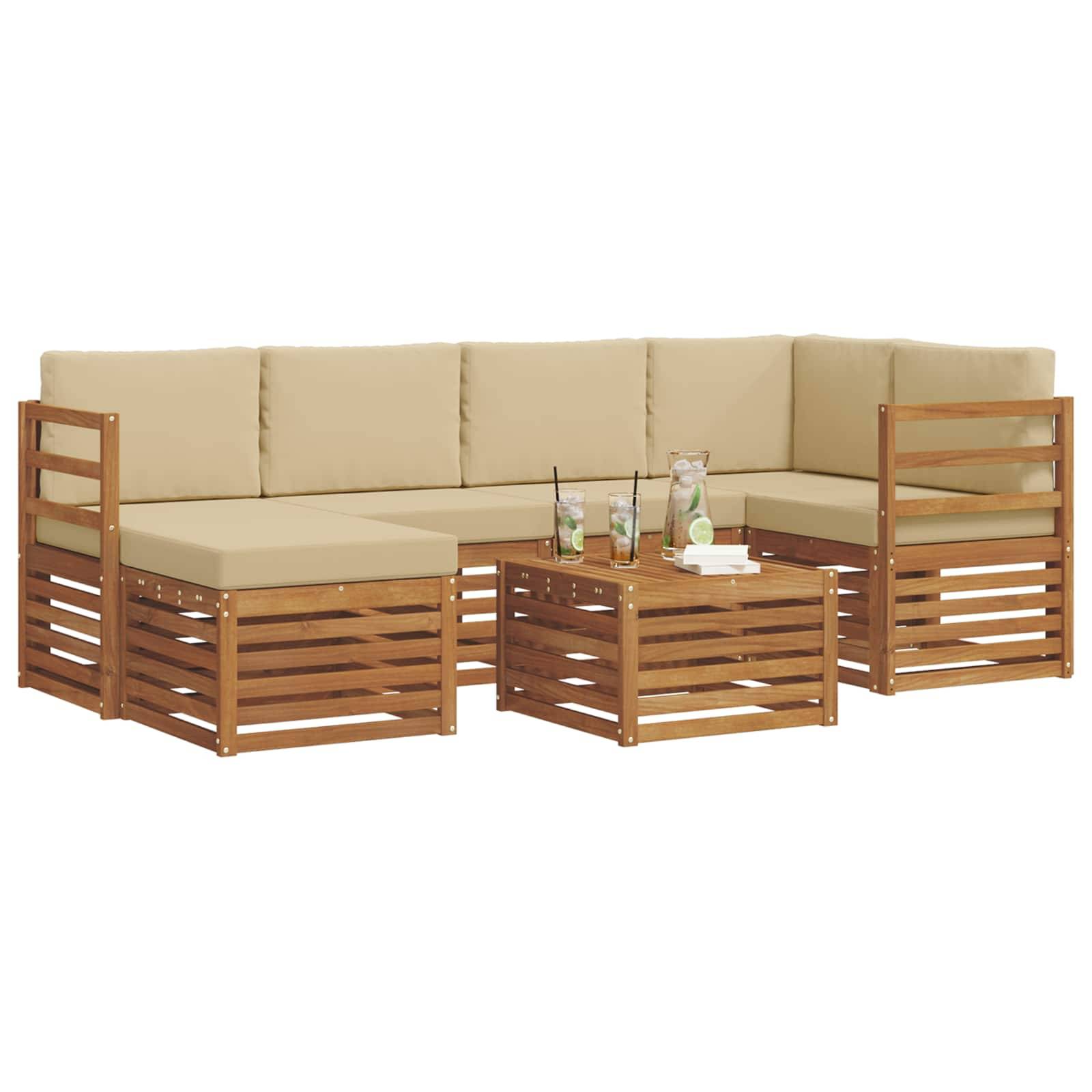 vidaXL Ecksofa Set mit Kissen 7 pcs Natur und Beige Massivholz Akazie