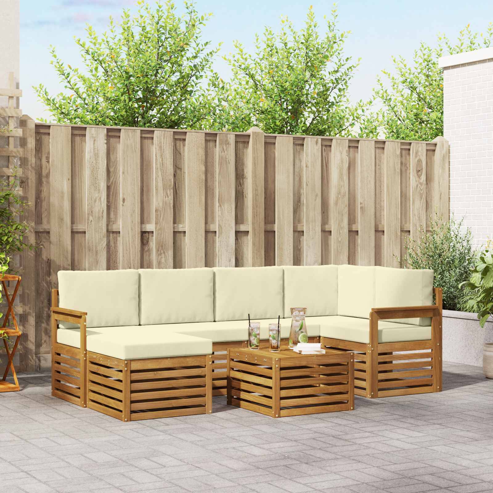 vidaXL Ecksofa Set mit Kissen 7 pcs Natur und Creme Massivholz Akazie