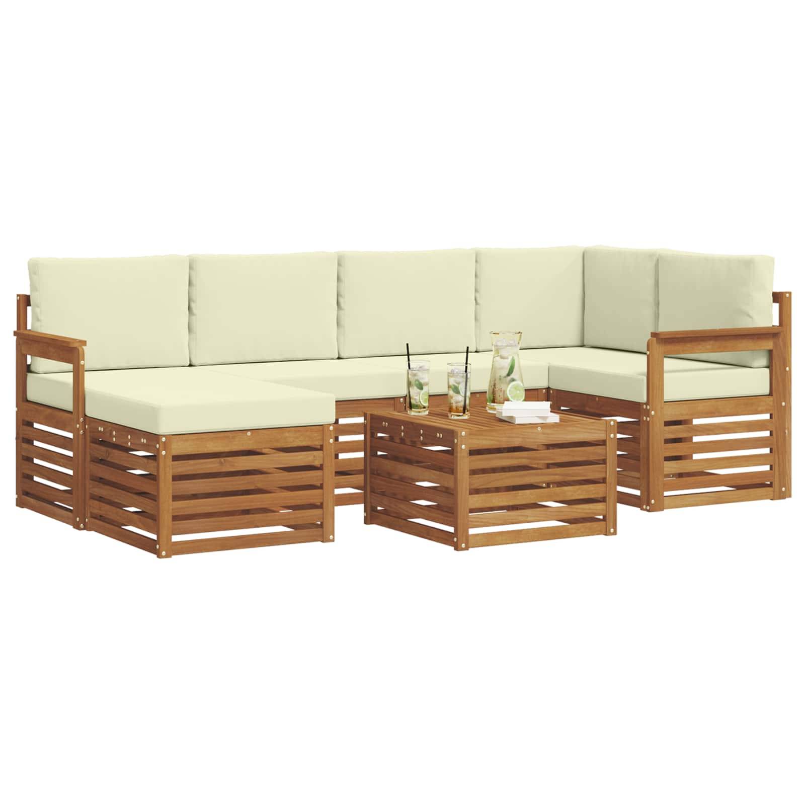 vidaXL Ecksofa Set mit Kissen 7 pcs Natur und Creme Massivholz Akazie