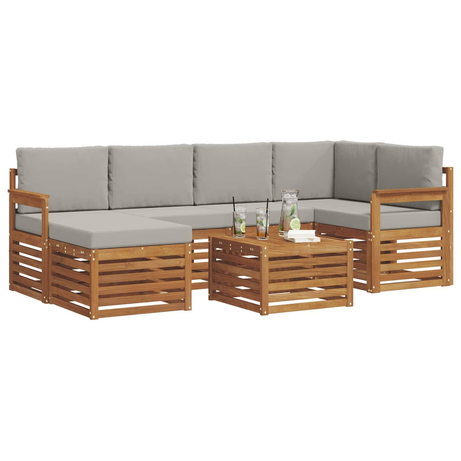 vidaXL Ecksofa Set 7 pcs Natürlich und Hellgrau Massivholz Akazie