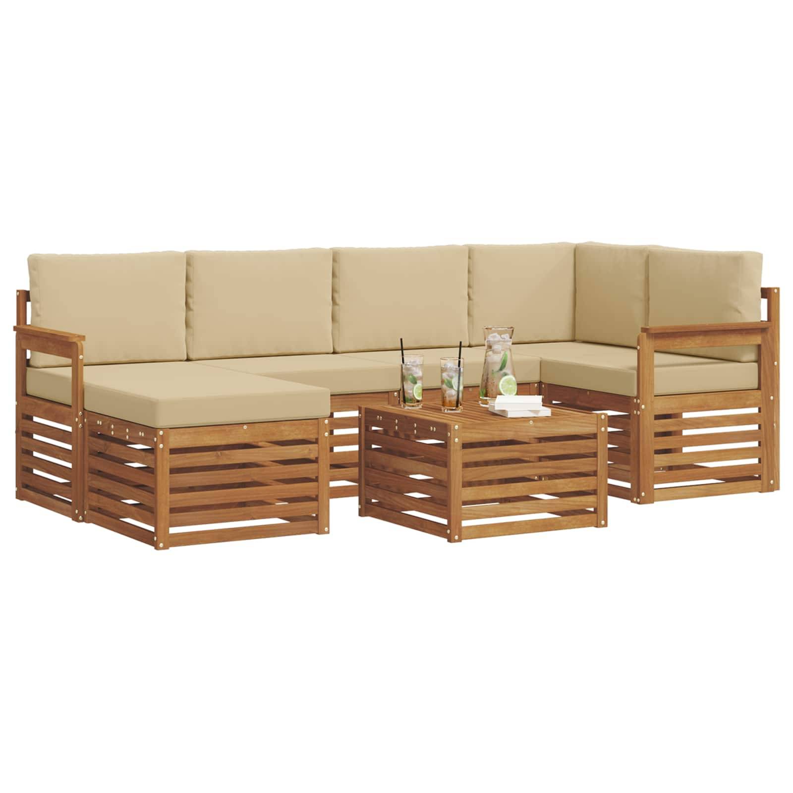 vidaXL Ecksofa Set mit Kissen 7 pcs Natur und Beige Massivholz Akazie