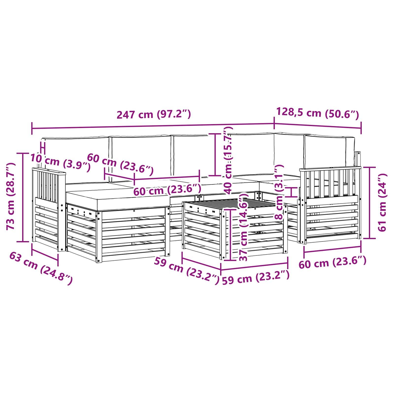 vidaXL Ecksofa Set 7 pcs Natürlich und Hellgrau Massivholz Akazie