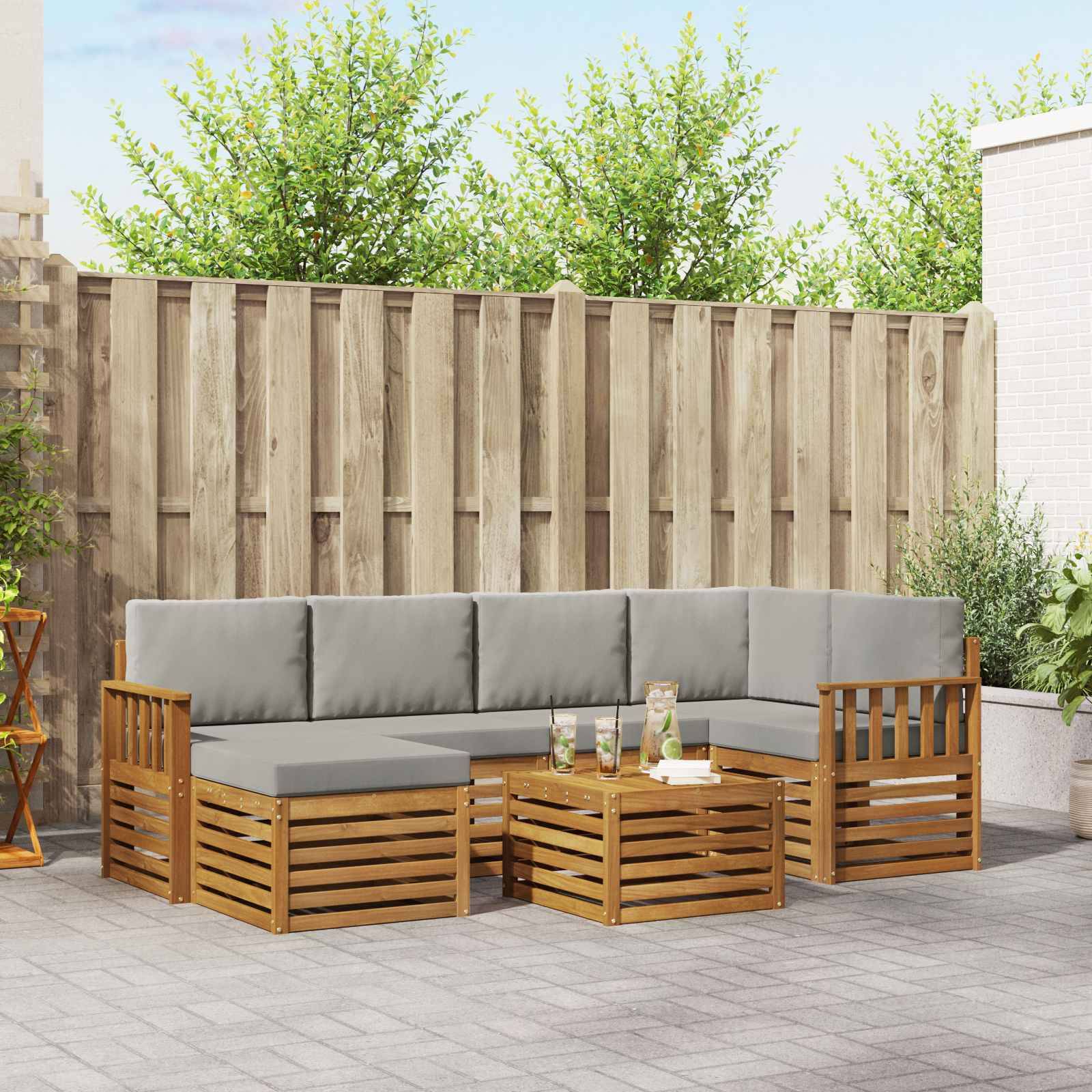 vidaXL Ecksofa Set 7 pcs Natürlich und Hellgrau Massivholz Akazie