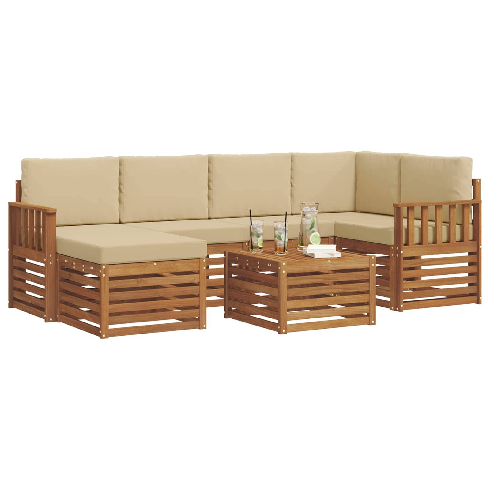 vidaXL Ecksofa Set mit Kissen 7 pcs Natur und Beige Massivholz Akazie