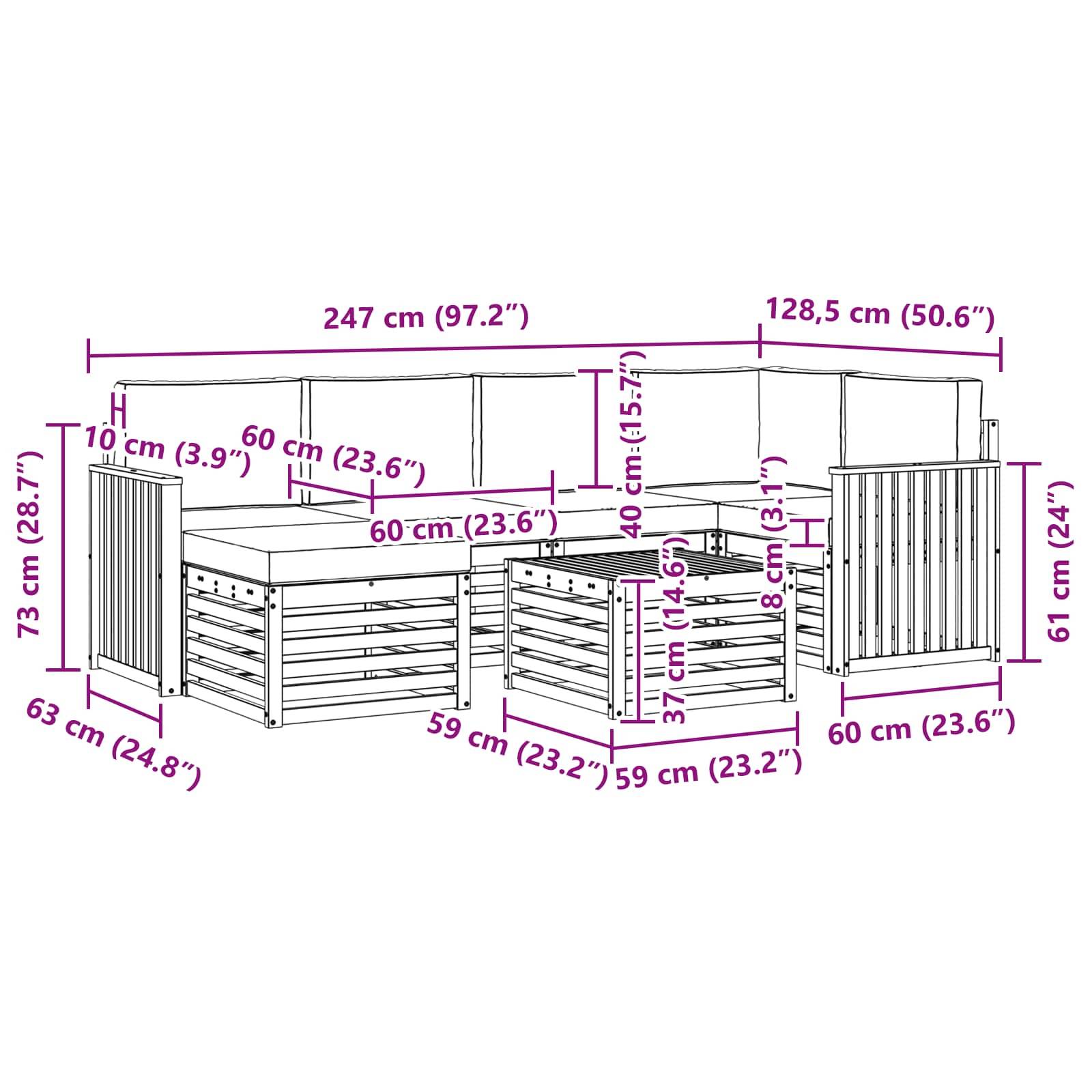 vidaXL Ecksofa Set 7 pcs Natürlich und Hellgrau Massivholz Akazie