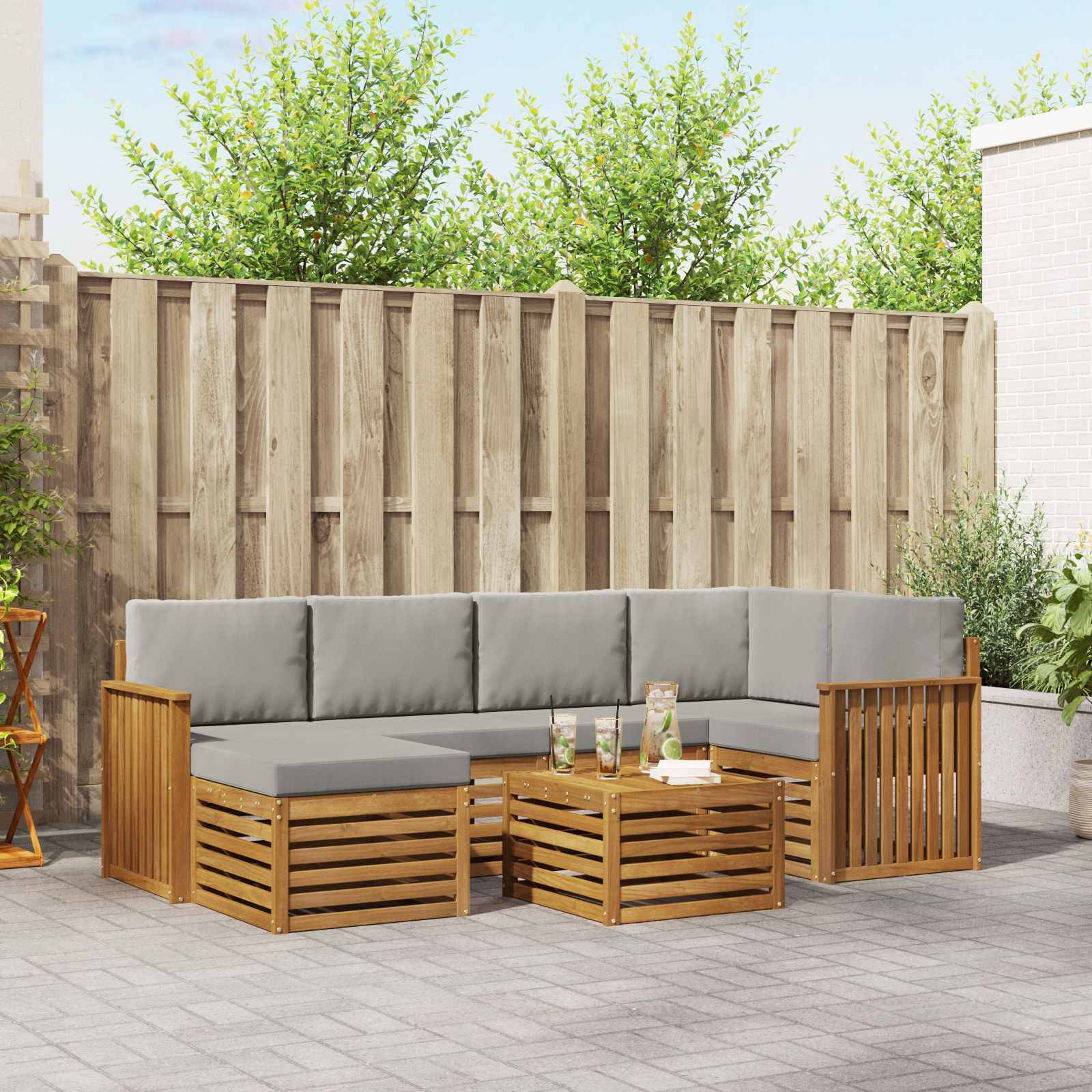 vidaXL Ecksofa Set 7 pcs Natürlich und Hellgrau Massivholz Akazie