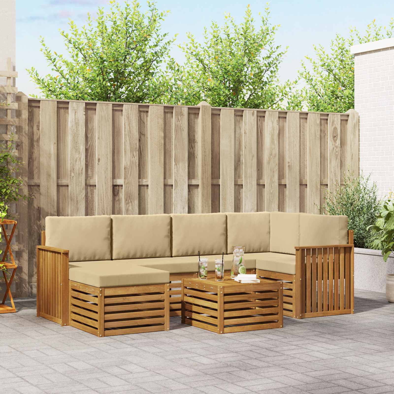 vidaXL Ecksofa Set mit Kissen 7 pcs Natur und Beige Massivholz Akazie