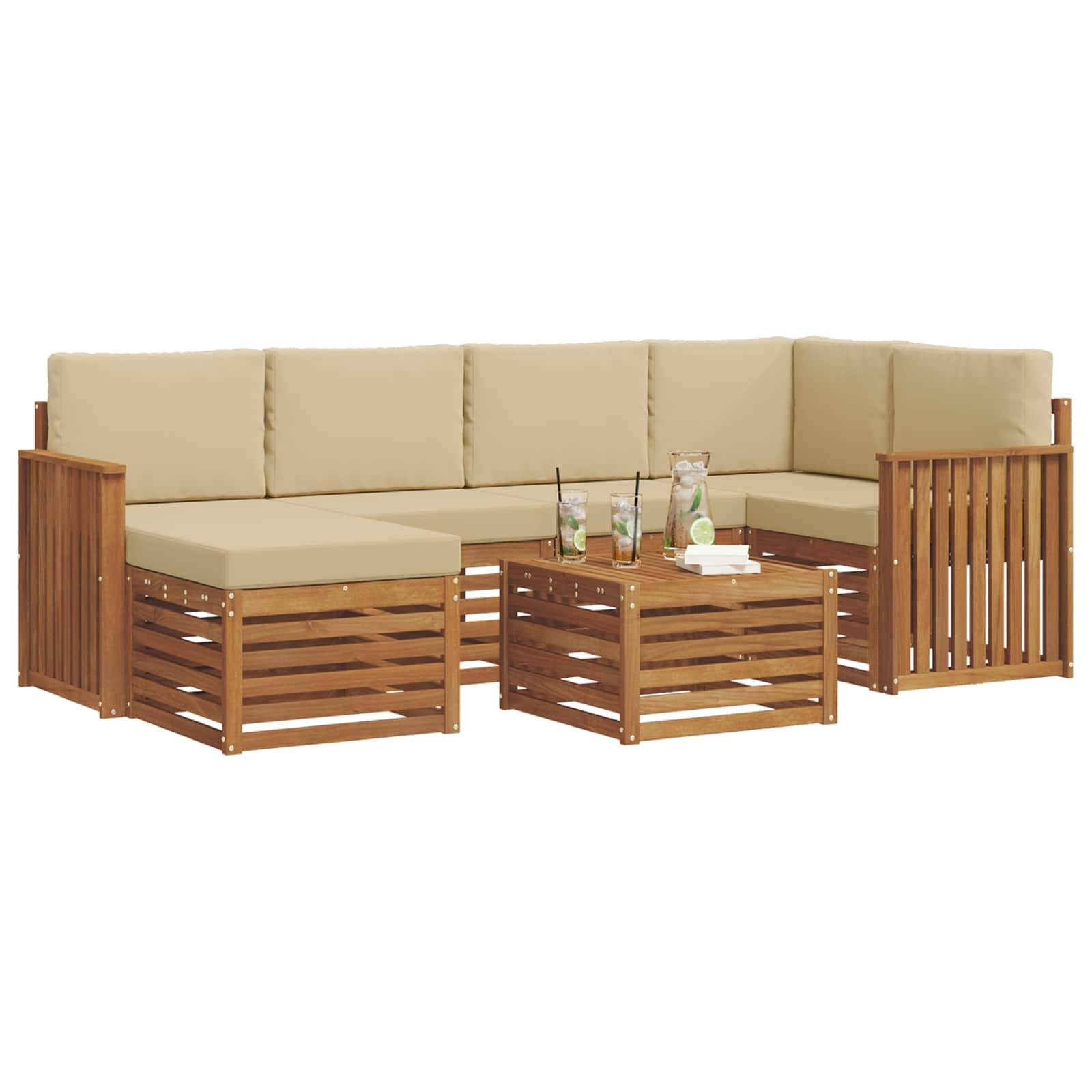vidaXL Ecksofa Set mit Kissen 7 pcs Natur und Beige Massivholz Akazie