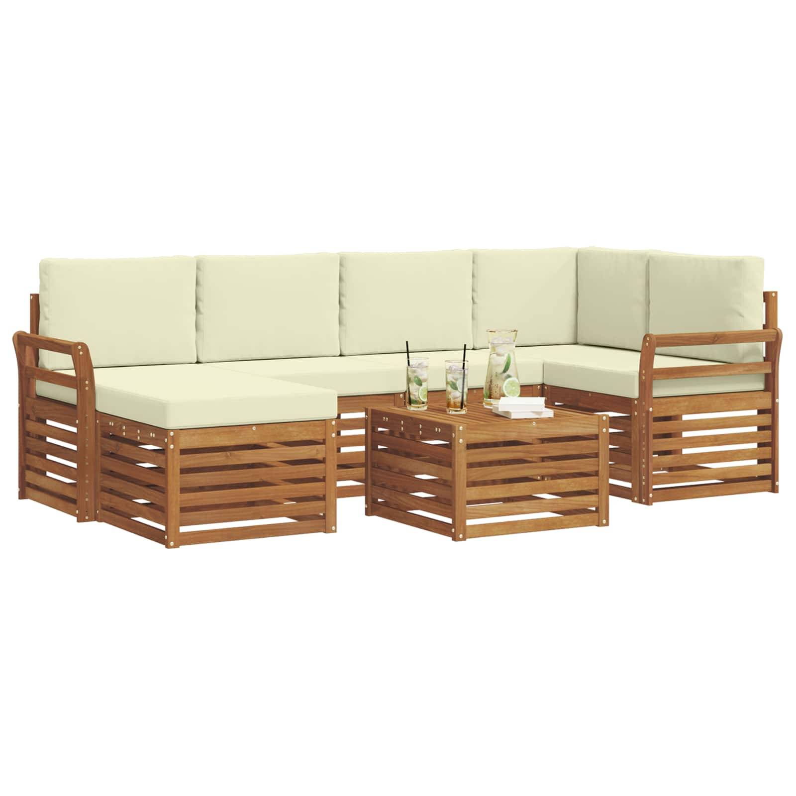 vidaXL Ecksofa Set mit Kissen 7 pcs Natur und Creme Massivholz Akazie