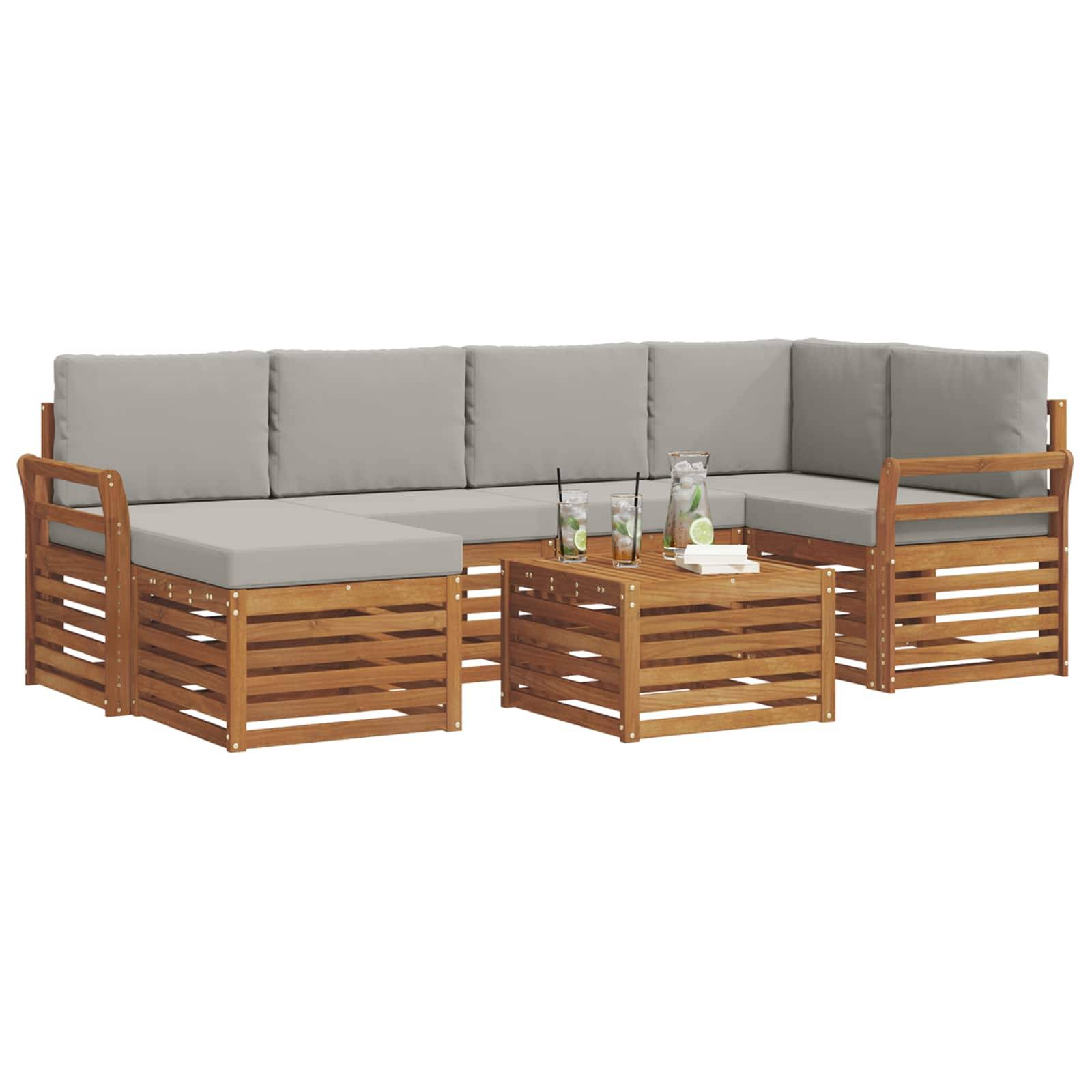 vidaXL Ecksofa Set 7 pcs Natürlich und Hellgrau Massivholz Akazie