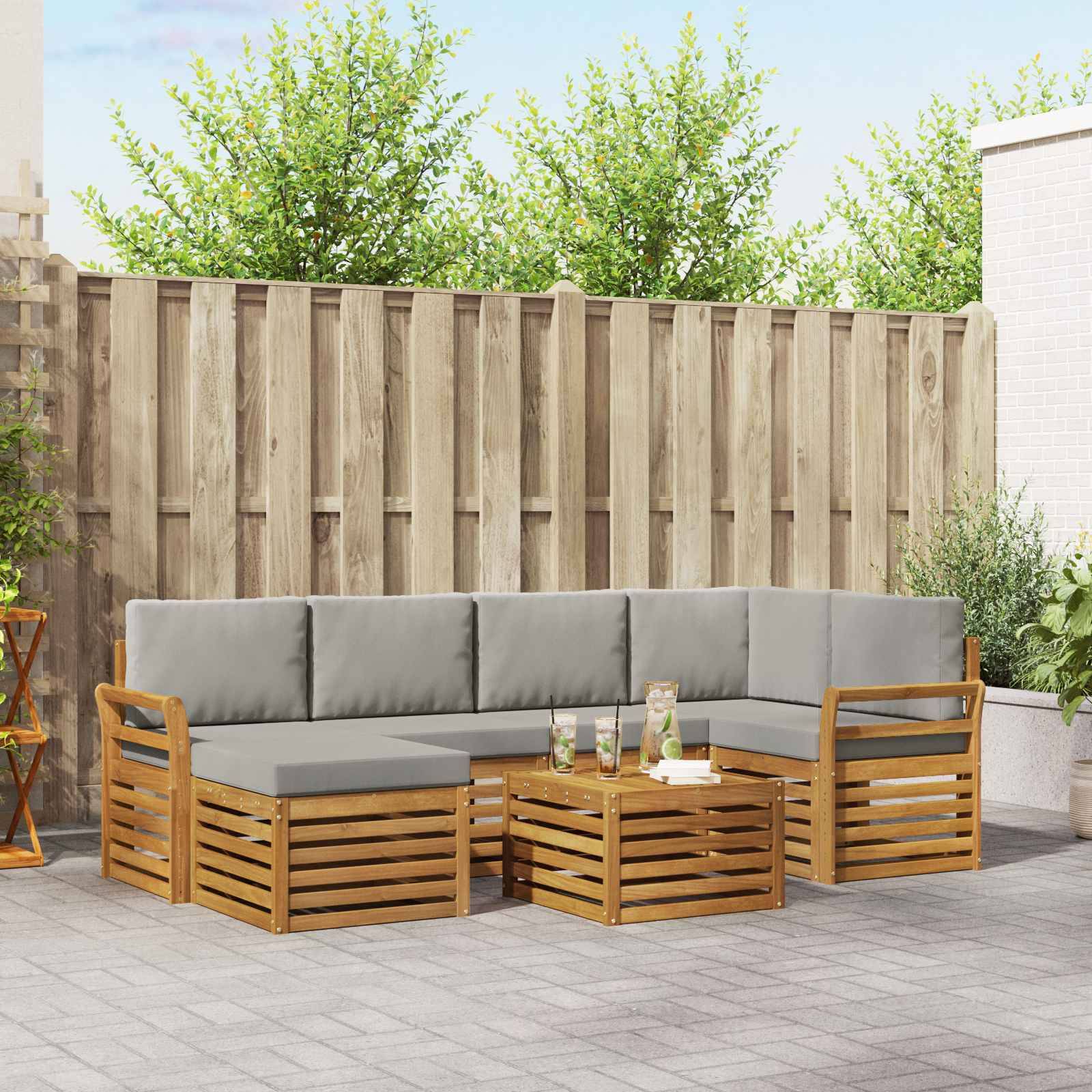 vidaXL Ecksofa Set 7 pcs Natürlich und Hellgrau Massivholz Akazie