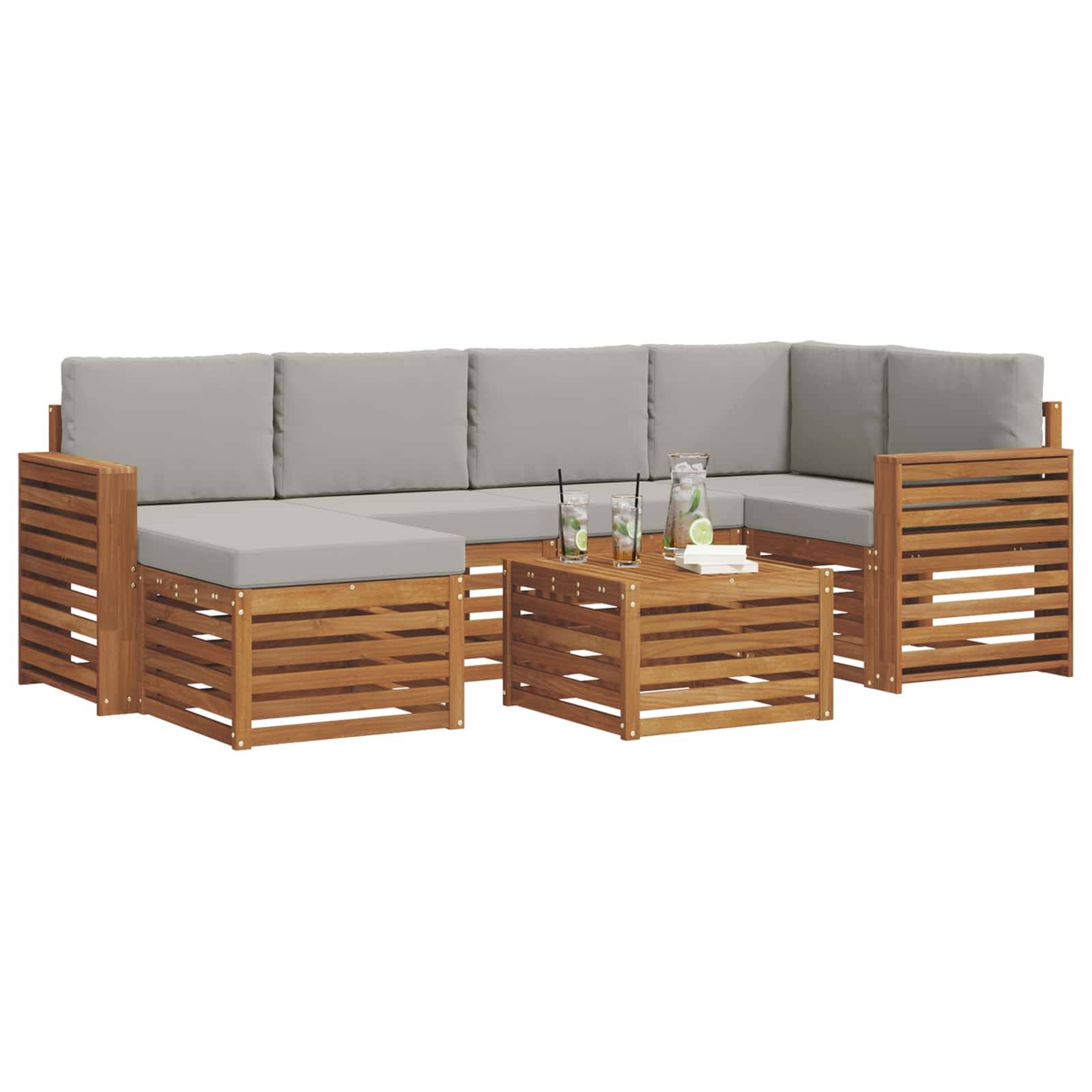 vidaXL Ecksofa Set 7 pcs Natürlich und Hellgrau Massivholz Akazie
