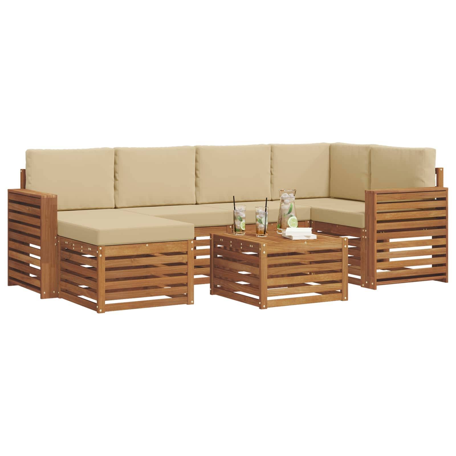 vidaXL Ecksofa Set mit Kissen 7 pcs Natur und Beige Massivholz Akazie